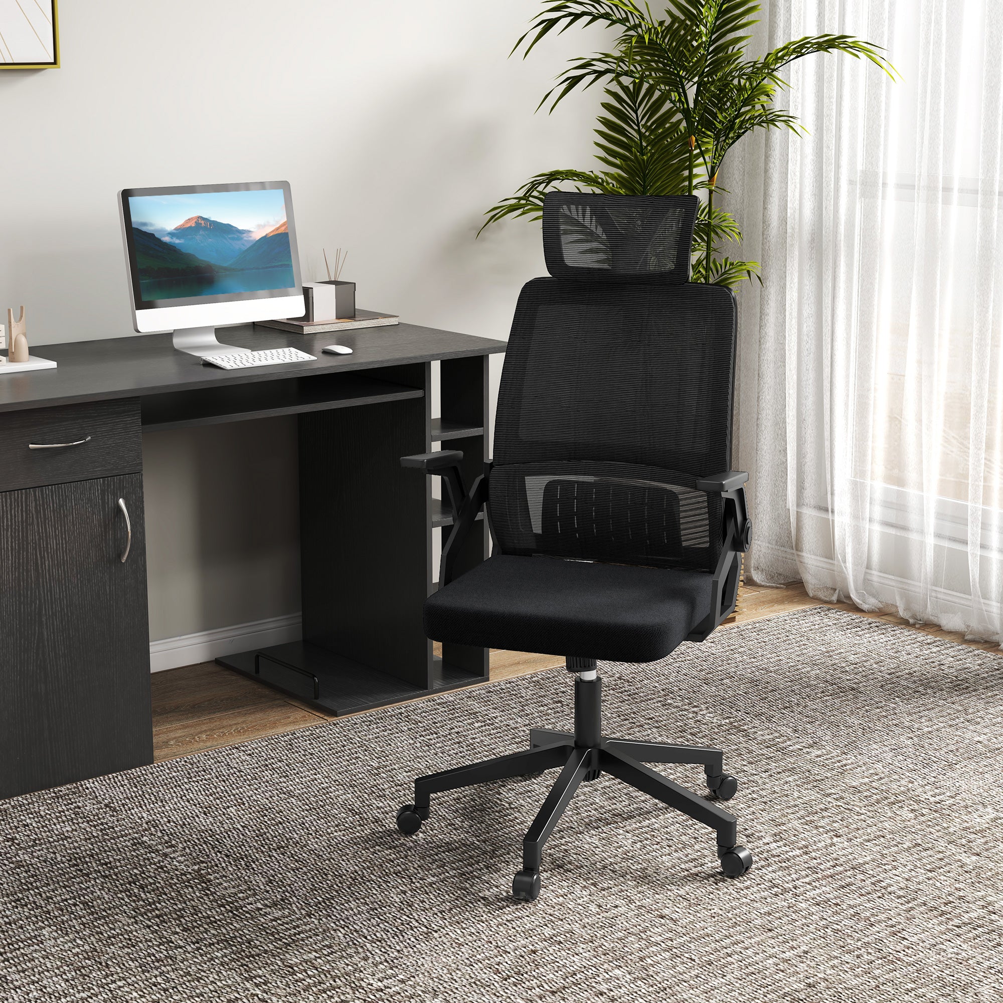 Vinsetto Bürostuhl Schreibtischstuhl Office-Stuhl, höhenverstellbar, 1 Kopfstütze, 60 x 61 x 121,5 cm. Schwarz