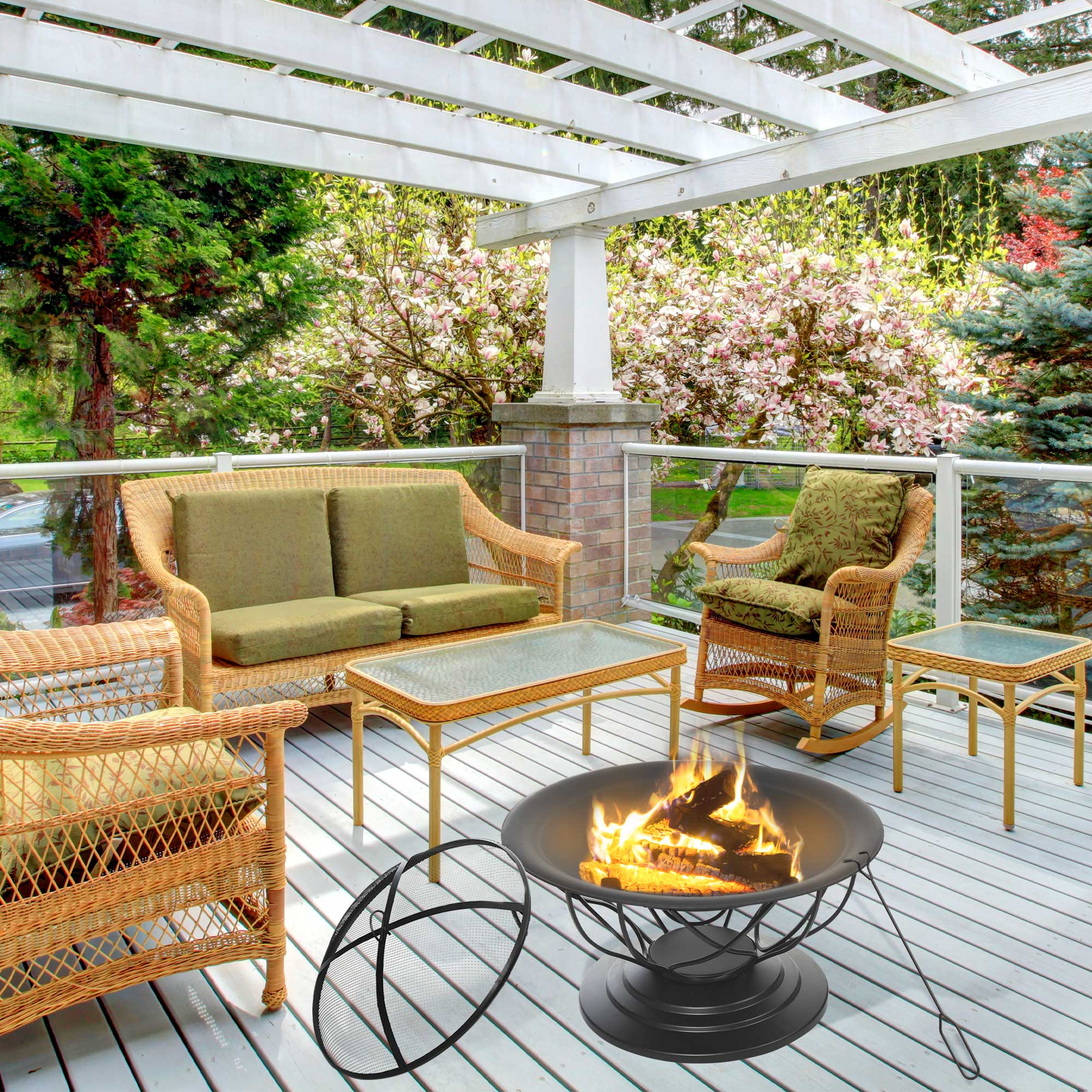 Outsunny Feuerstelle Feuerschale mit Schutz & Schürhaken Outdoor Garten Terrase Ø75 x 55H cm Schwarz