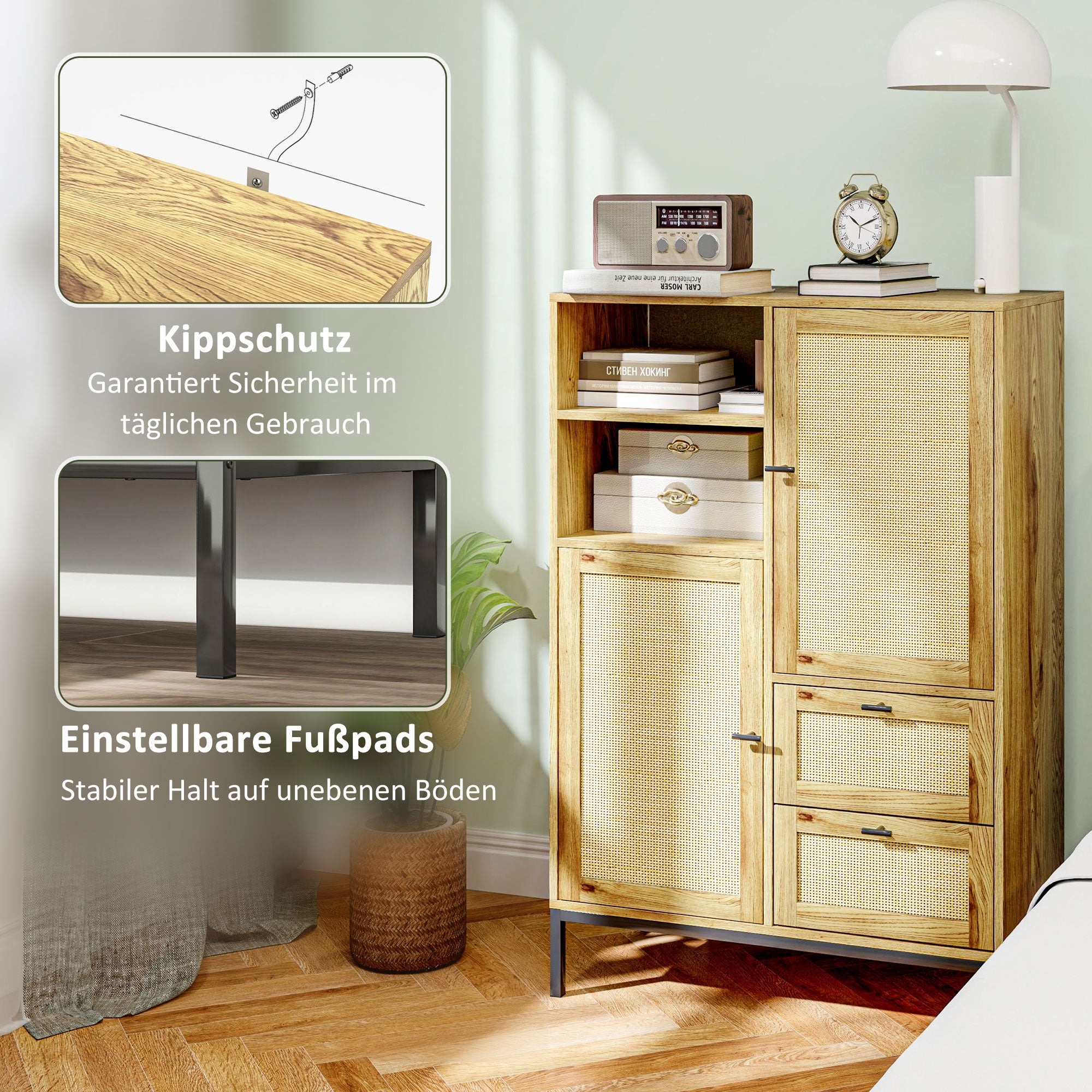 HOMCOM Aufbewahrungsschrank, Flexible Kommode mit Rattan-Türen, Schubladen und verstellbaren Regalen, 80B x 40T x 120H cm