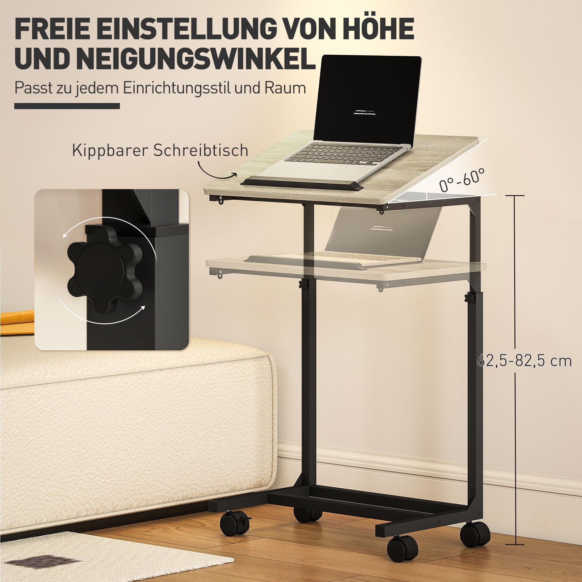 HOMCOM Beistelltisch, Schreibtisch, Nachttisch, höhenverstellbar, 4 Rollen, Metallrahmen