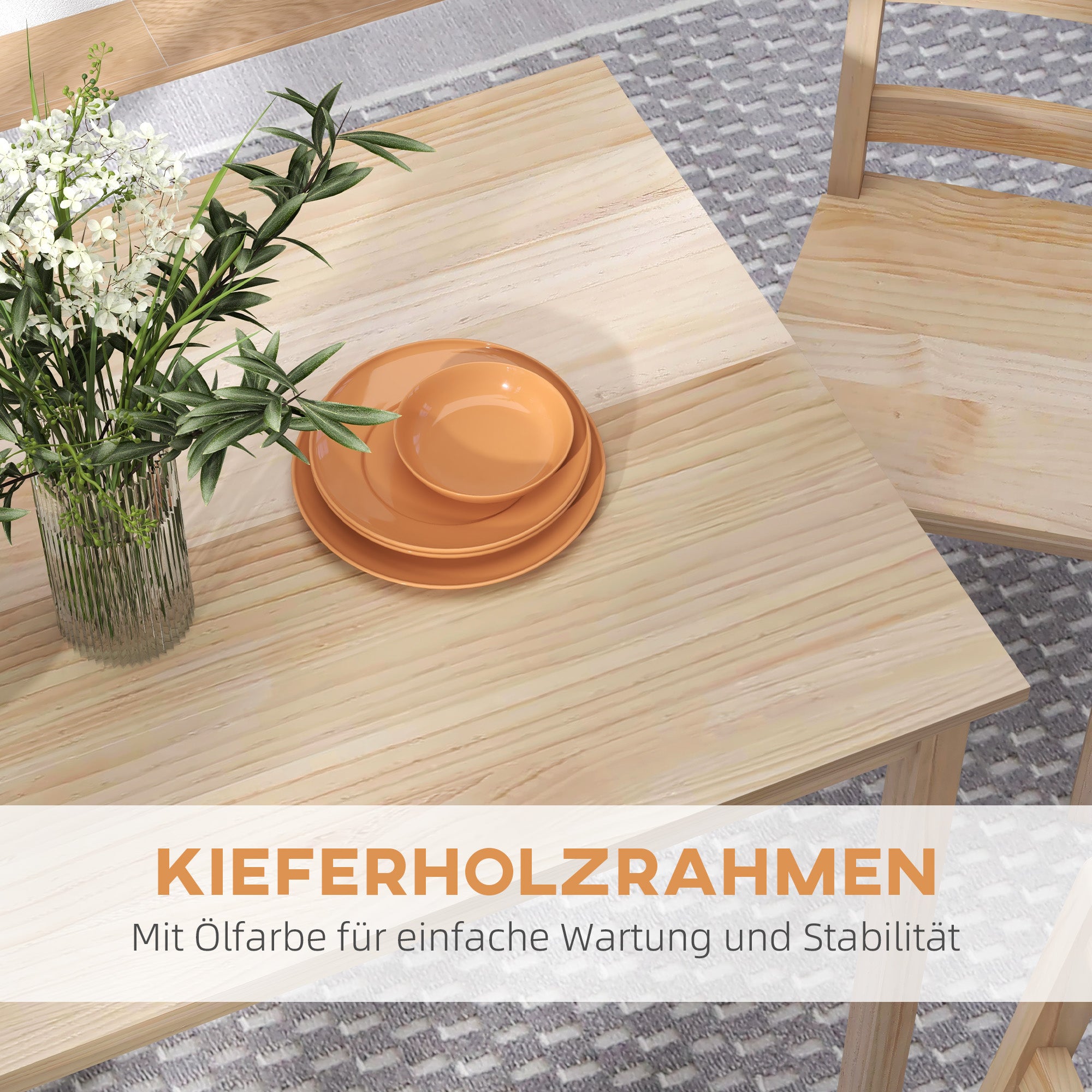 HOMCOM 5-teilige Essgruppe Esstisch mit Stühlen Sitzgruppe, Massivholz, 118 cm x 73 cm x 75 cm, Natur