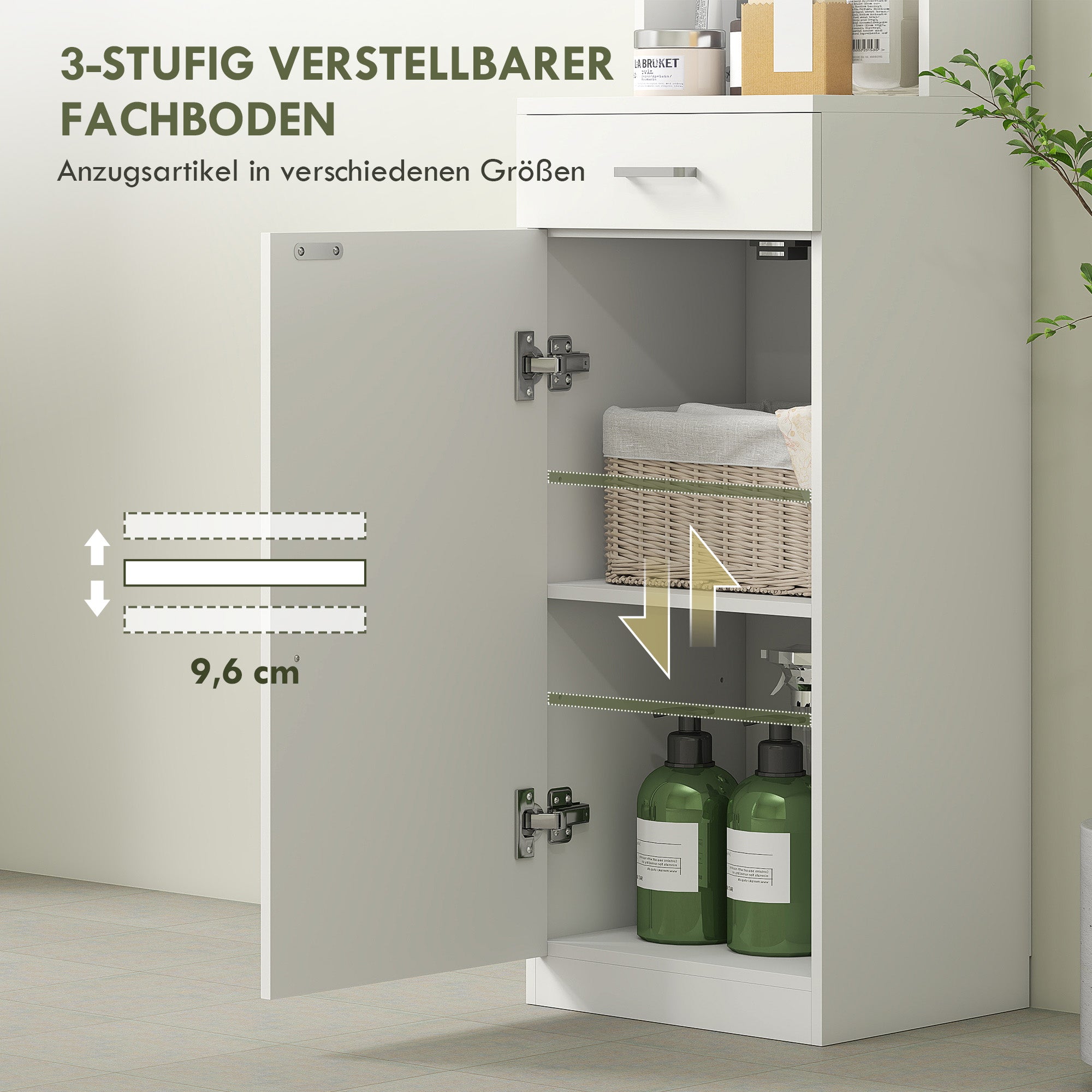 HOMCOM Hoher Badezimmerschrank, schmales Design, Schublade, Regale, Schrank, Spanplatte, Weiß