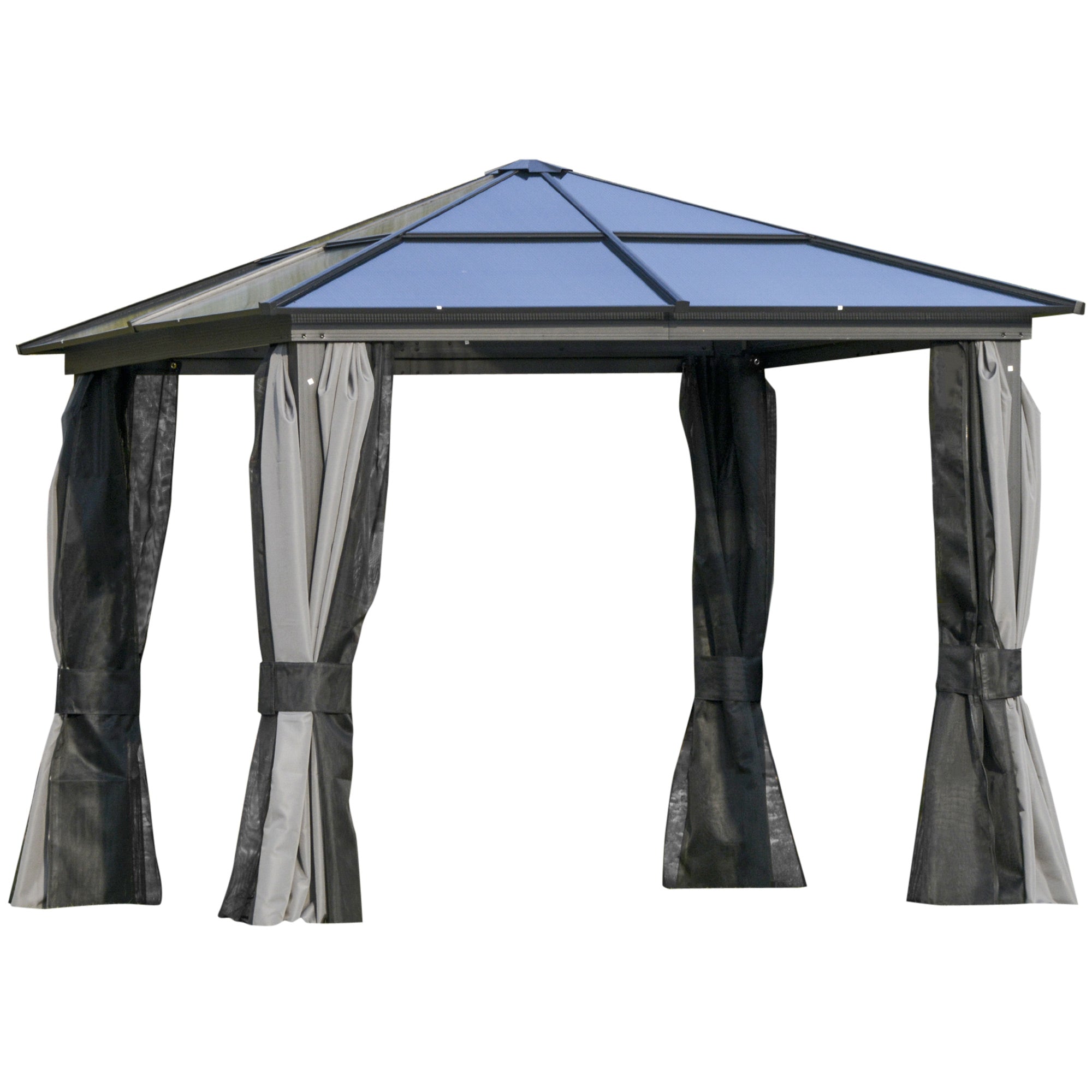 Outsunny Pavillon mit Polycarbonatdach, Vorhänge mit Fliegennetz, Alugestell, grau, 3 x 3 x 2,6 m