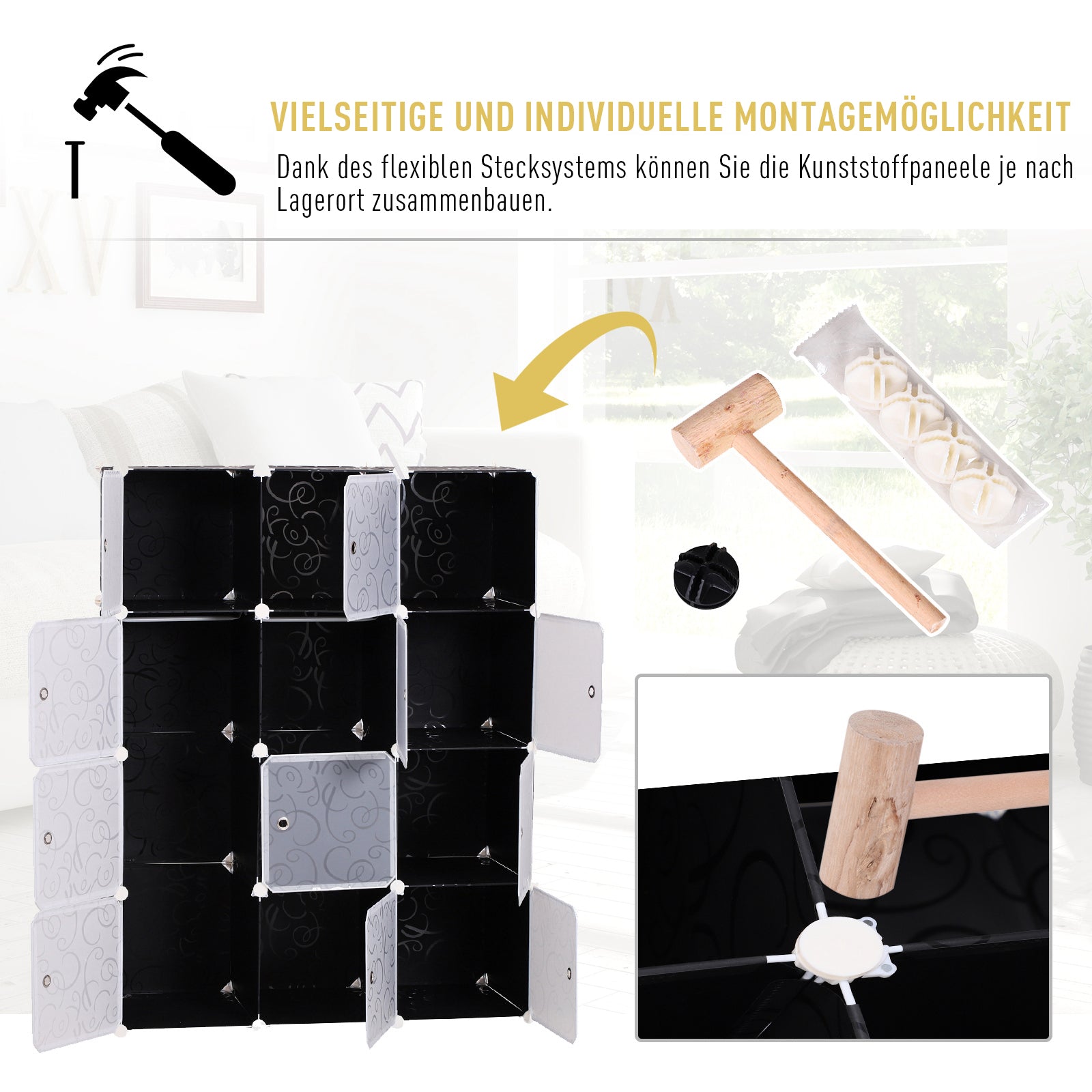 HOMCOM DIY Kleiderschrank Regalsystem mit 2 große und 9 kleinen Würfeln DIY-Würfelregal, Schuhregal, Aufbewahrungsregal für Büchern Spielzeug Schwarz 111 x 47 x 145 cm