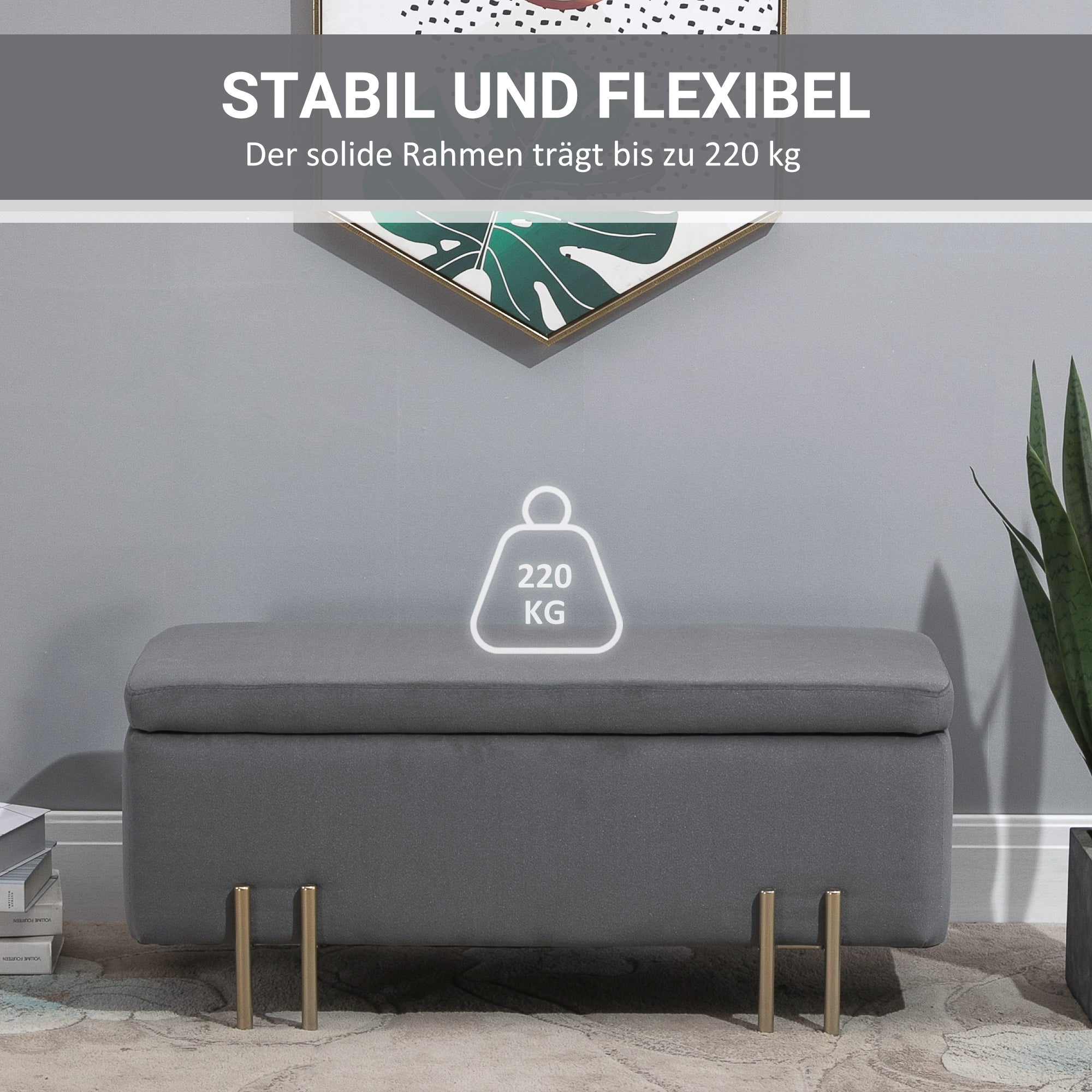 HOMCOM Sitzbank mit Stauraum Polsterbank mit Samtoptik, Sitztruhe mit Metallbeine, Truhenbank für Wohnzimmer Schlafzimmer Flur 100 x 40 x 42 cm, Dunkelgrau