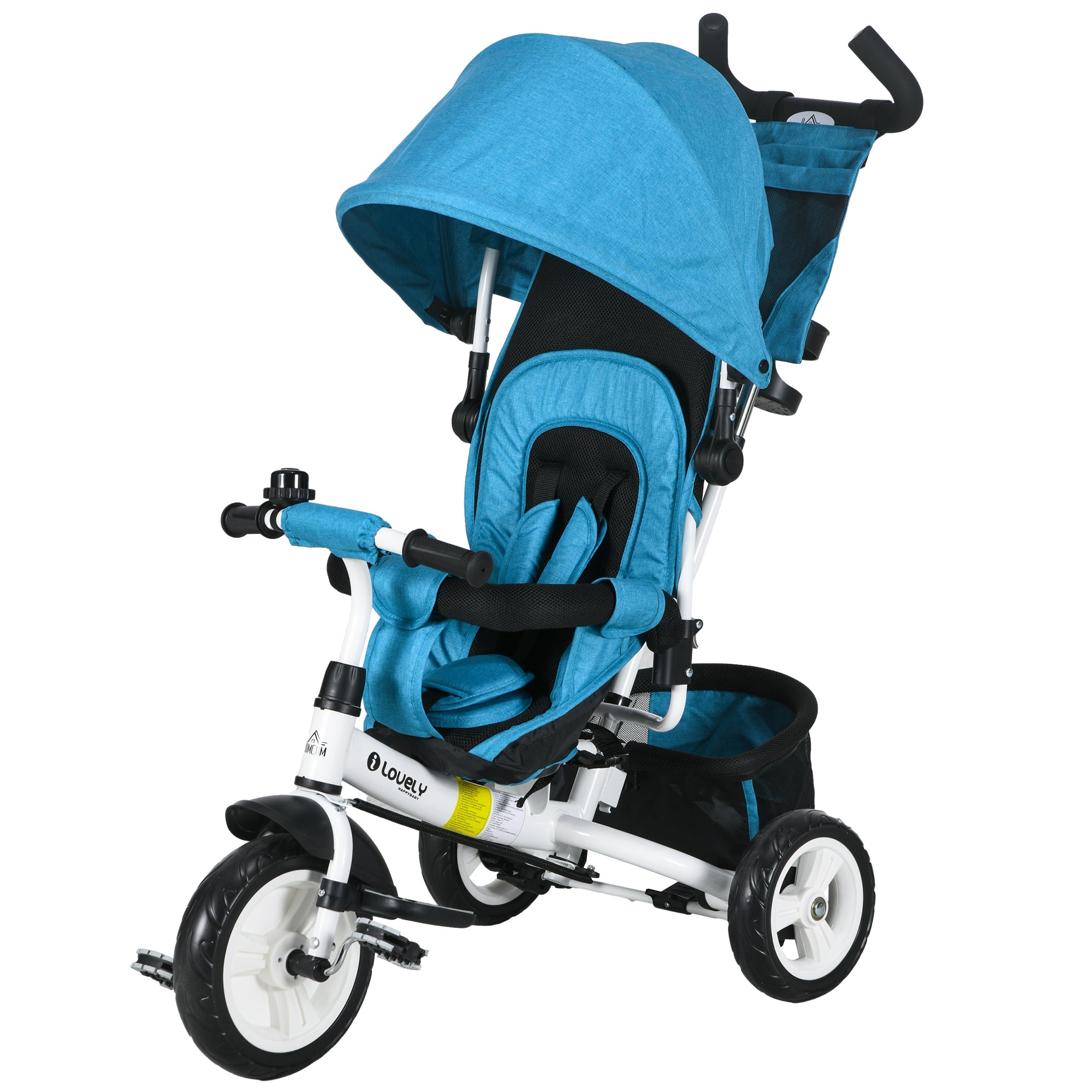 HOMCOM Kinder-Dreirad, Kinderfahrrad, Rückenkorb, Becherhalter, Sonnendach, Metall, Blau