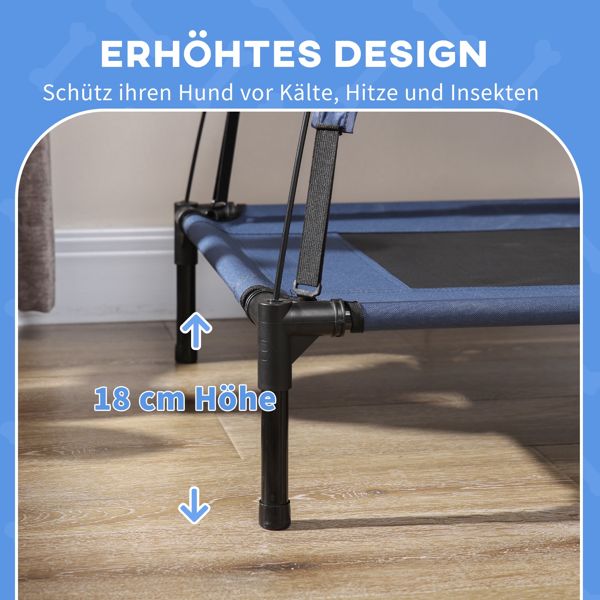 PawHut Haustierbett Outdoor-Hundebett, wetterbeständig, mit Baldachin, 61cm x 46 cm x 62 cm, Blau + Schwarz