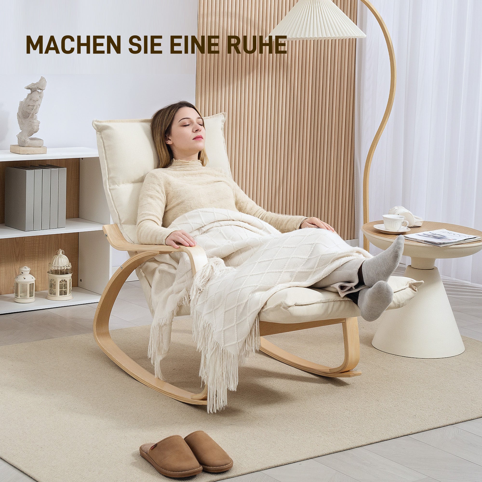 HOMCOM Gepolsterter Schaukelstuhl, Entspannungssessel mit Armlehnen und Stahlrahmen, für Wohnzimmer, Schlafzimmer, Cremeweiß