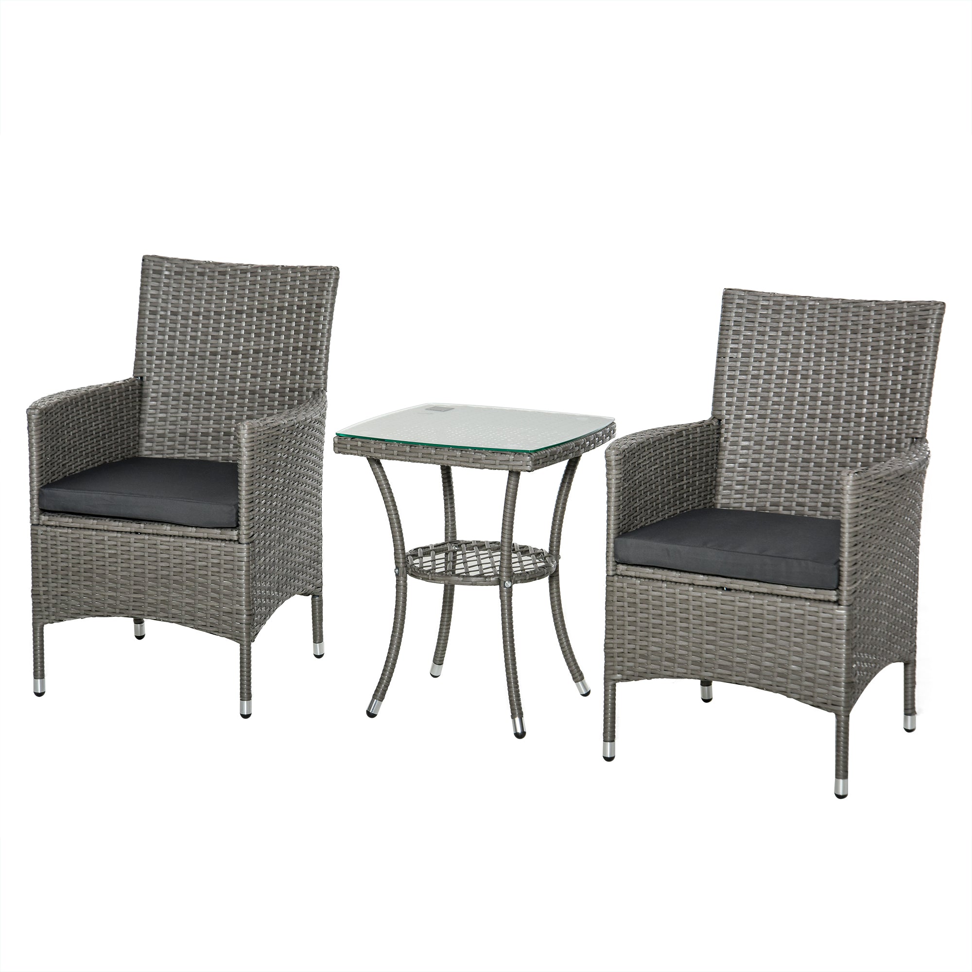 Outsunny Polyrattan Gartenmöbel Set, Outdoor Lounge Balkonmöbel für 2 Personen, 3-teilig Sitzgruppe, 2 Stühle, Tisch Sitzkissen, Gartenlounge für Garten, Terrasse, Balkon, Grau