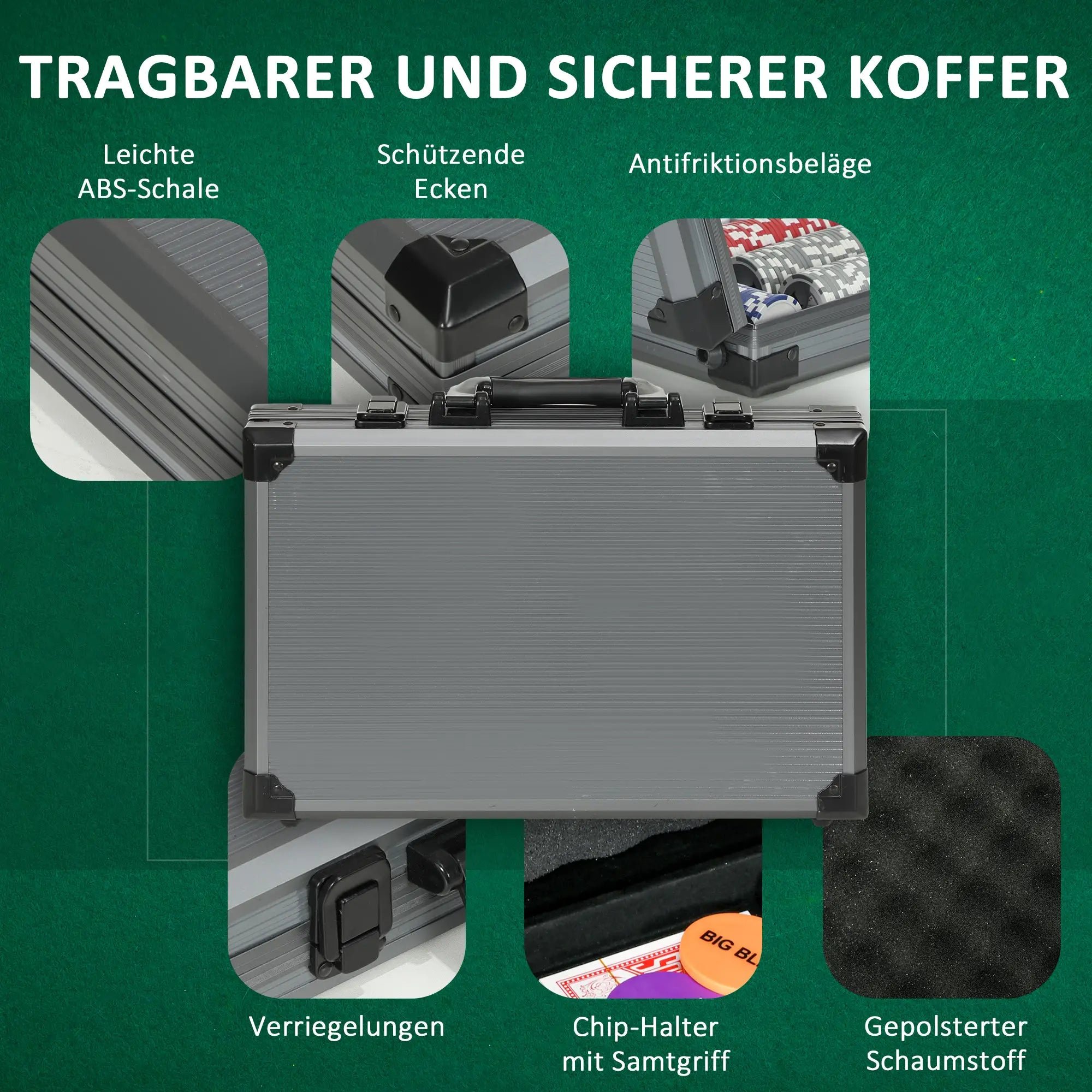 SPORTNOW Poker-Set, Pokerkoffer, 400 Chips, 2 Kartendecks, 5 Würfel, Dealer-Scheibe, Unterlage