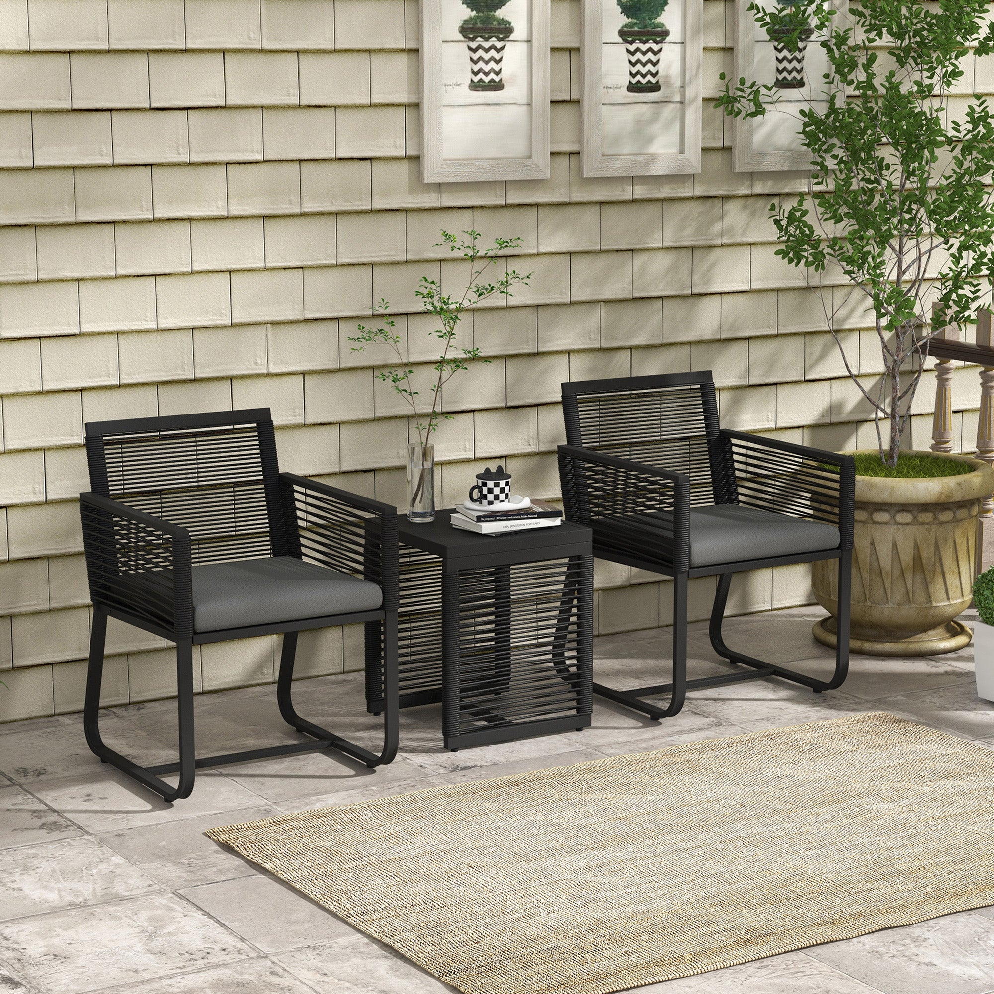 Outsunny Rattan Gartenmöbel Set 3-teilig Outdoor mit Sitzkissen