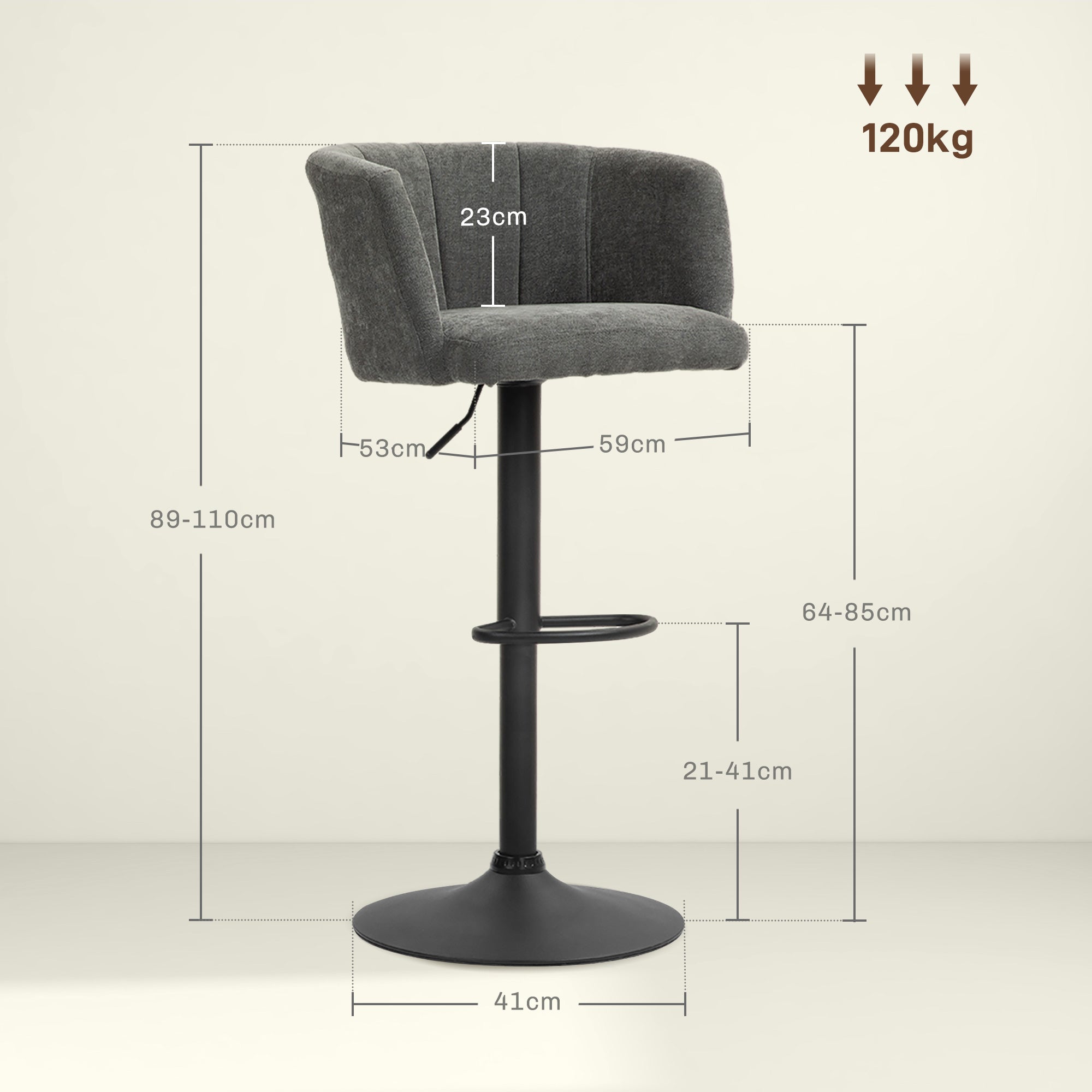 HOMCOM Barhocker 2er-Set, Schalenrücken, höhenverstellbar, Fußstütze, für Küche oder Esszimmer, Metallbasis, Dunkelgrau
