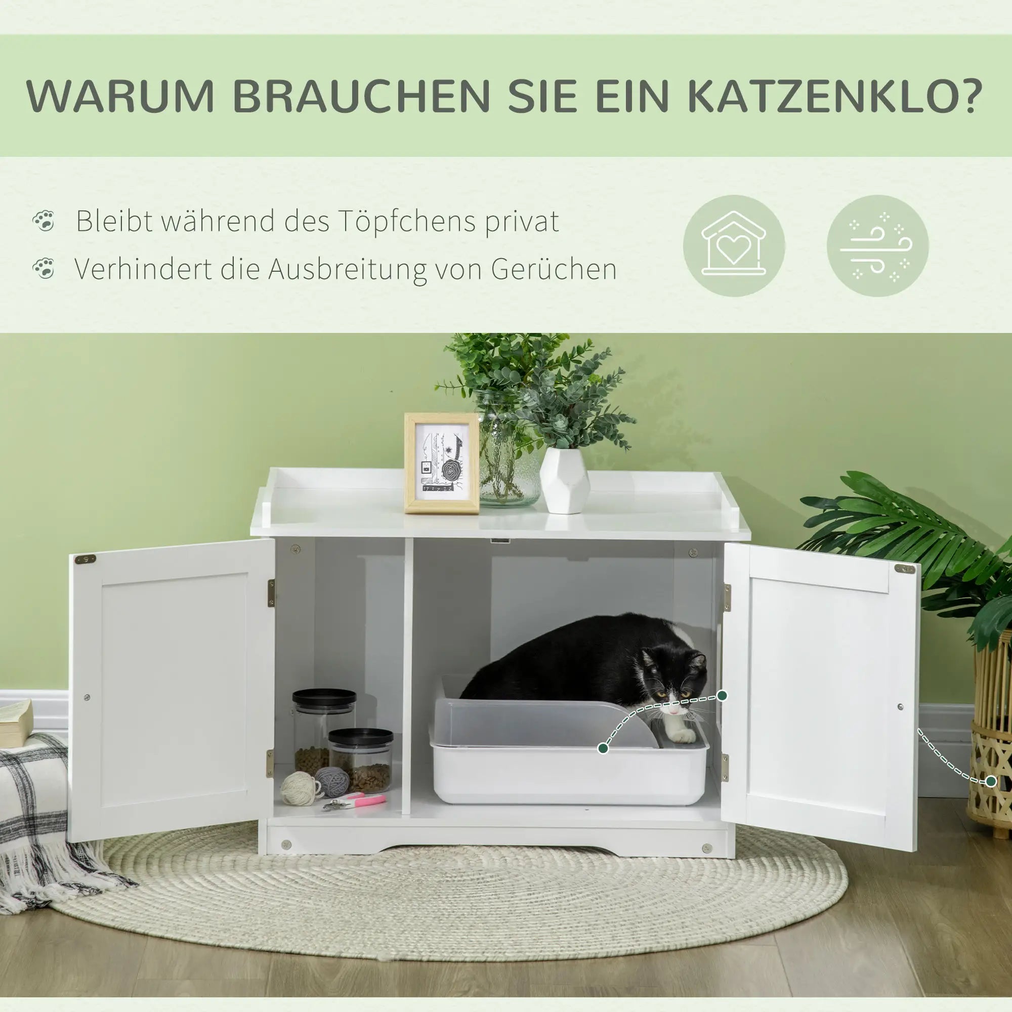 PawHut Katzentoilette, Katzenhaus, mit Trennwand, magnetischer Doppeltür, seitlicher Ablage, weiß, 86 x 48 x 52cm