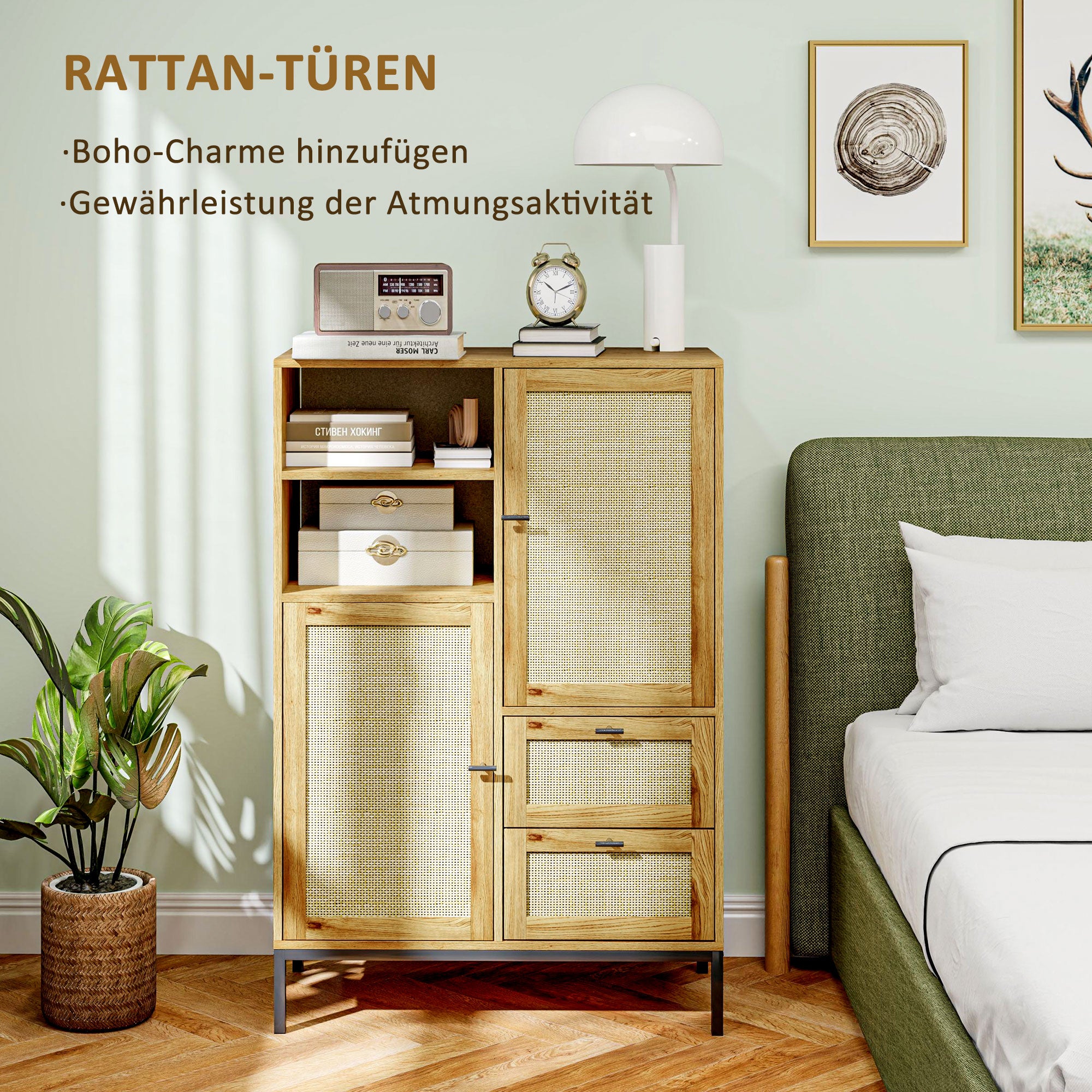 HOMCOM Aufbewahrungsschrank, Flexible Kommode mit Rattan-Türen, Schubladen und verstellbaren Regalen, 80B x 40T x 120H cm