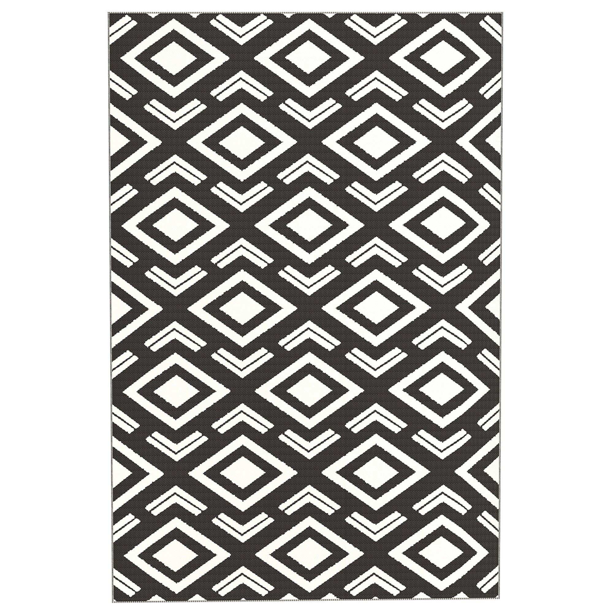 Outsunny Outdoor Teppich robuster Wetterfest Outdoorteppich mit Tragtasche, faltbar Carpet Boho-Style 182 x 274 cm Schwarz+Weiß