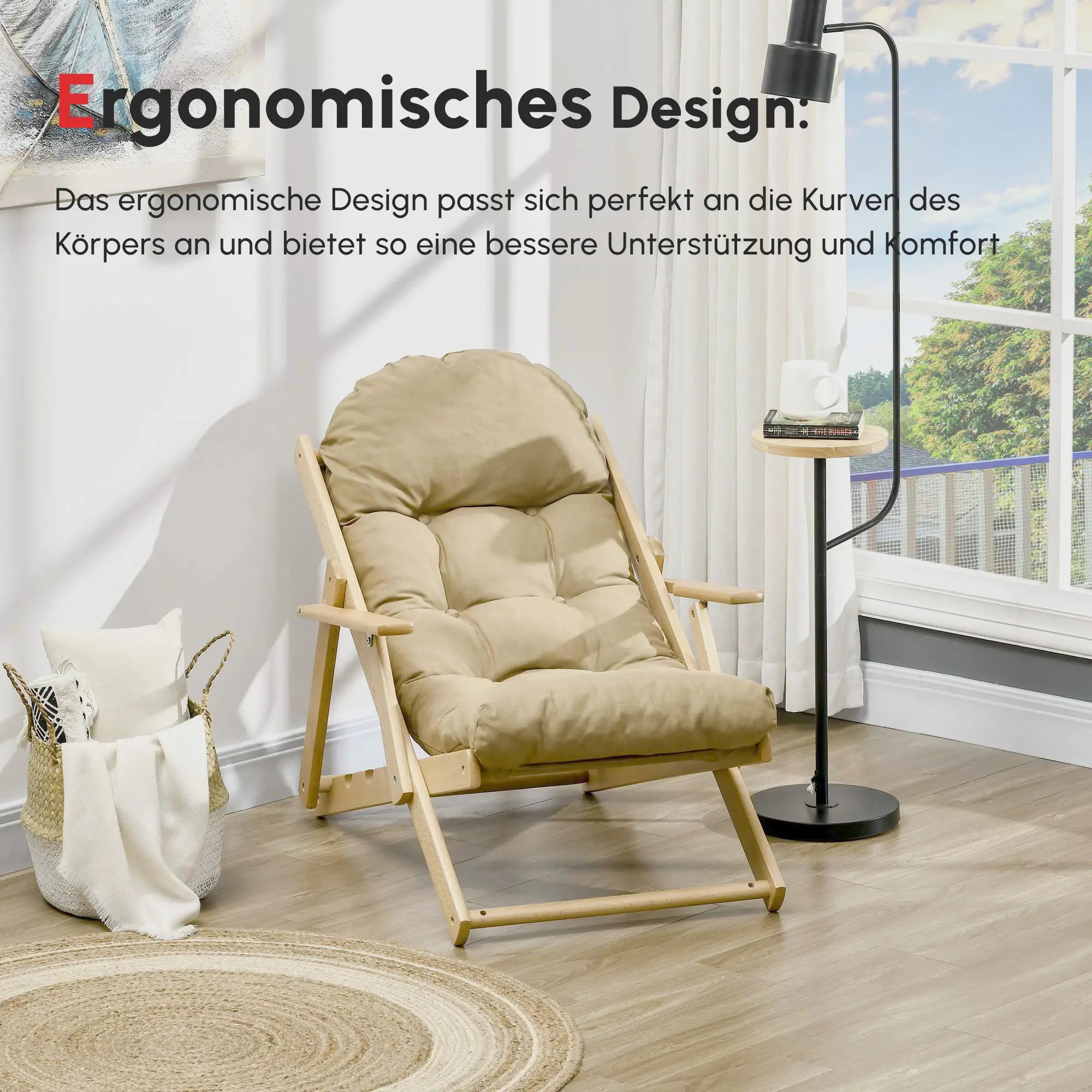 HOMCOM Klappbarer Relaxsessel aus Buchenholz, Braun