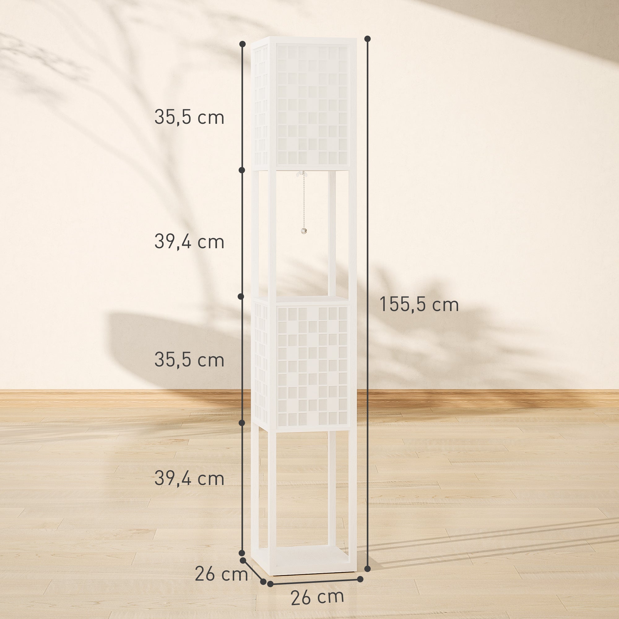 HOMCOM Stehlampe, Gittermuster, 2-Ebenen-Regale, für verschiedene Glühbirnen, Weiß