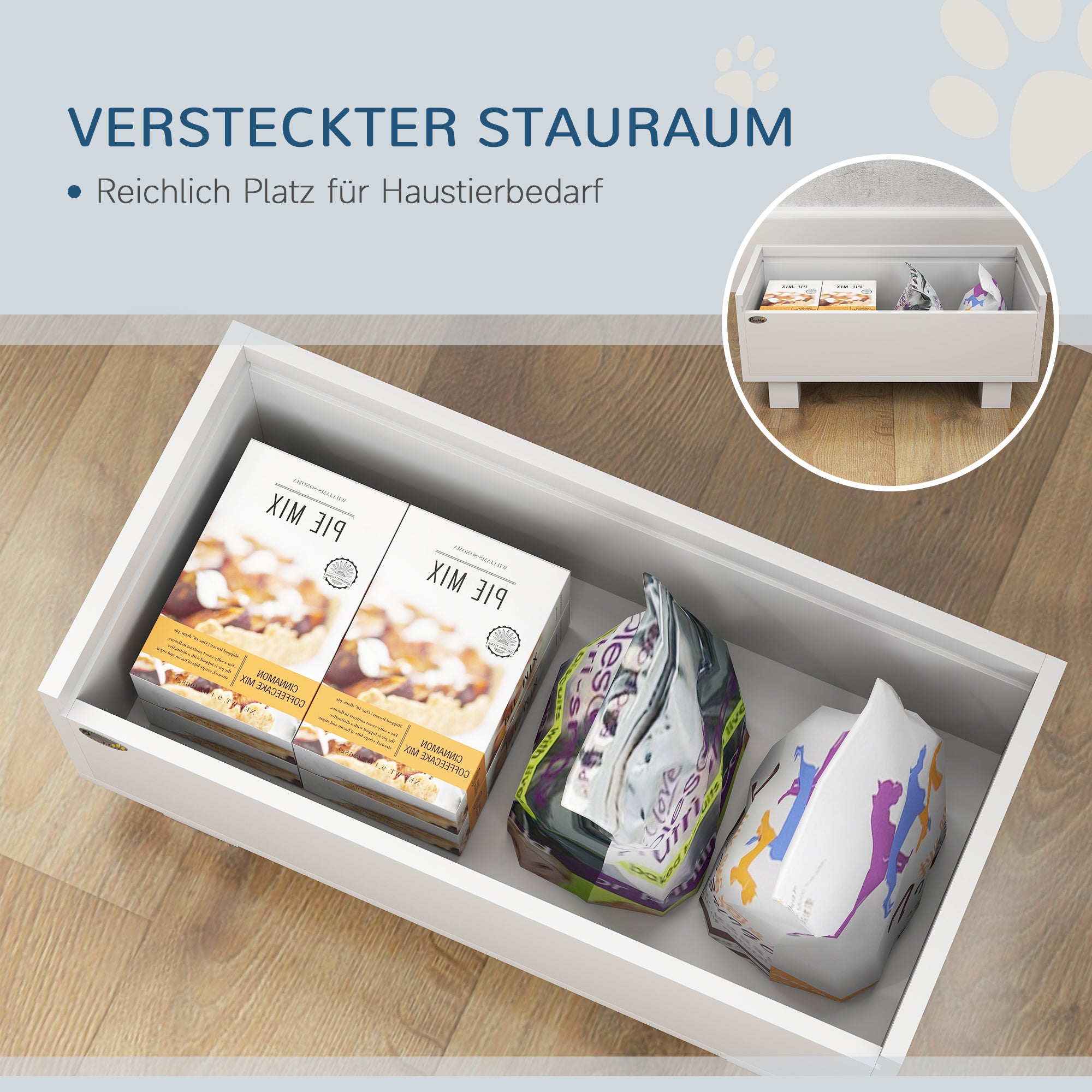 PawHut Erhöhte Fütterungsstation für Hunde, mit abnehmbarer Slow-Feeder-Matte, 2 Aluminiumschüsseln, Stauraum, Weiß
