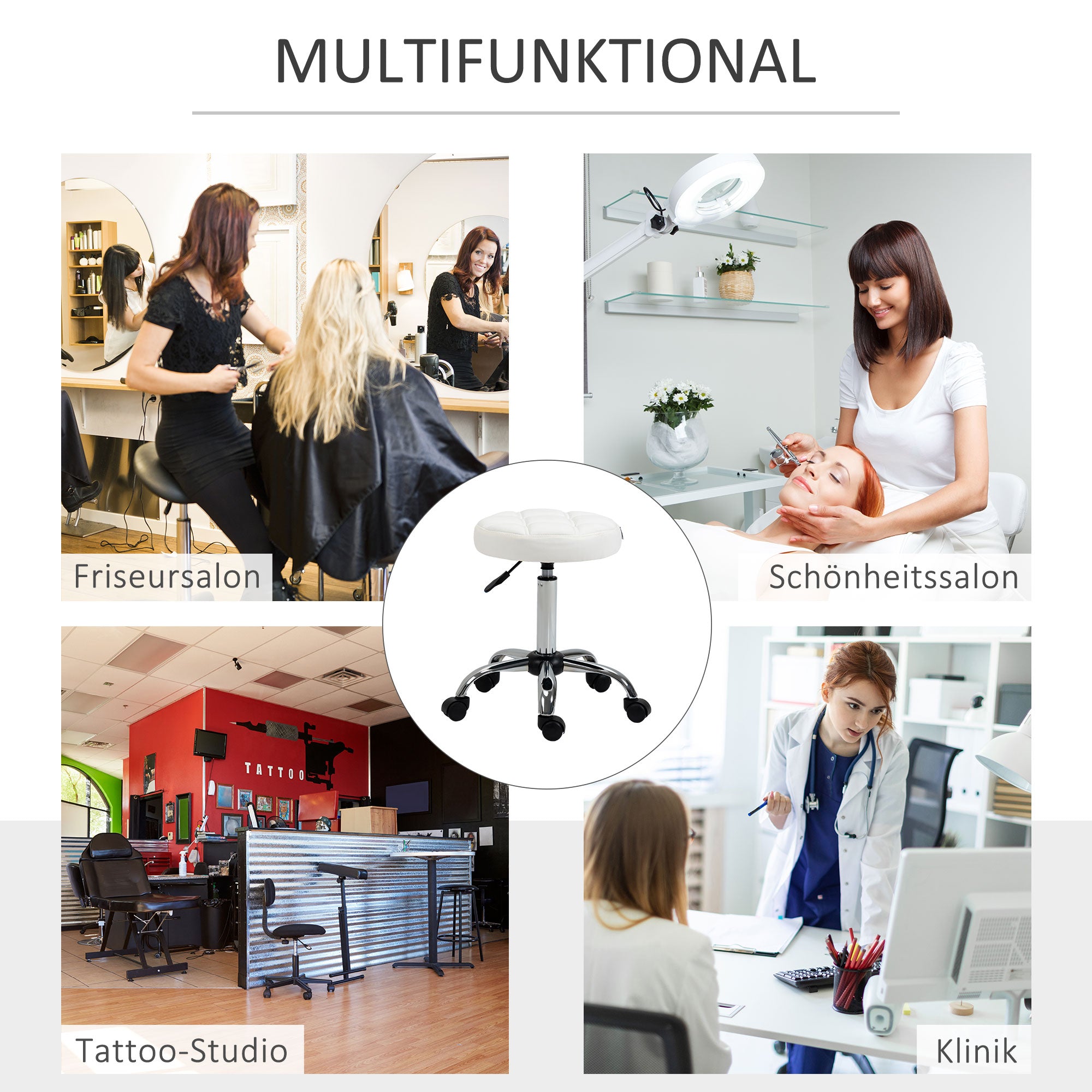 HOMCOM Drehhocker, Salonhocker, höhenverstellbar, Kunstleder, Steppdesign, Ø35,5 x 48-63 cm, Weiß/Silber