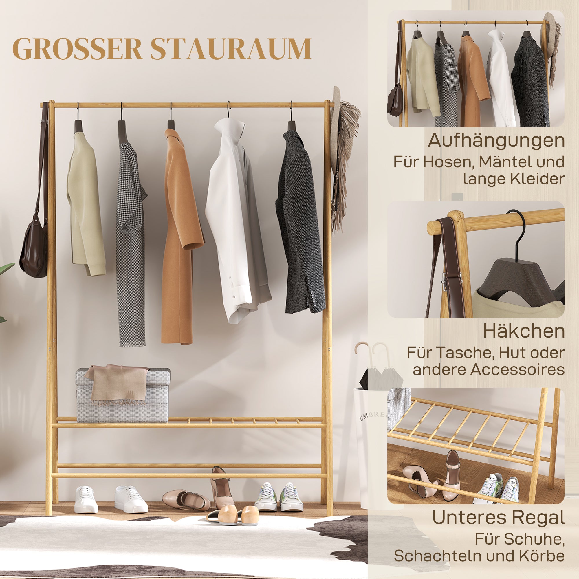 HOMCOM Bambus-Kleiderständer mit Schuhregal und Haken, freistehend, für Eingangsbereich, Schlafzimmer, Naturholz