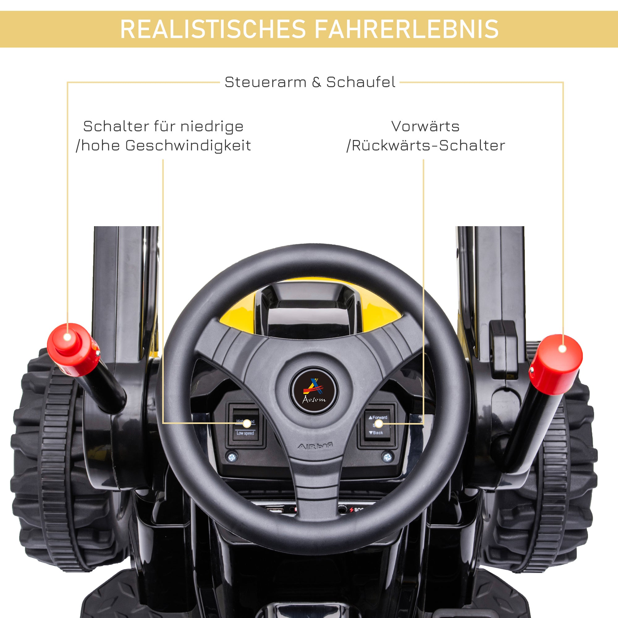 HOMCOM Kinder Elektrobagger Sitzbagger für Kinder Aufsitzbagger Geländewagen traktor elektrisch zum Fahren mit Musik Schaufel Armen 3–5 Jahre PP-Kunststoff Stahl Gelb 132 x 62 x 65 cm