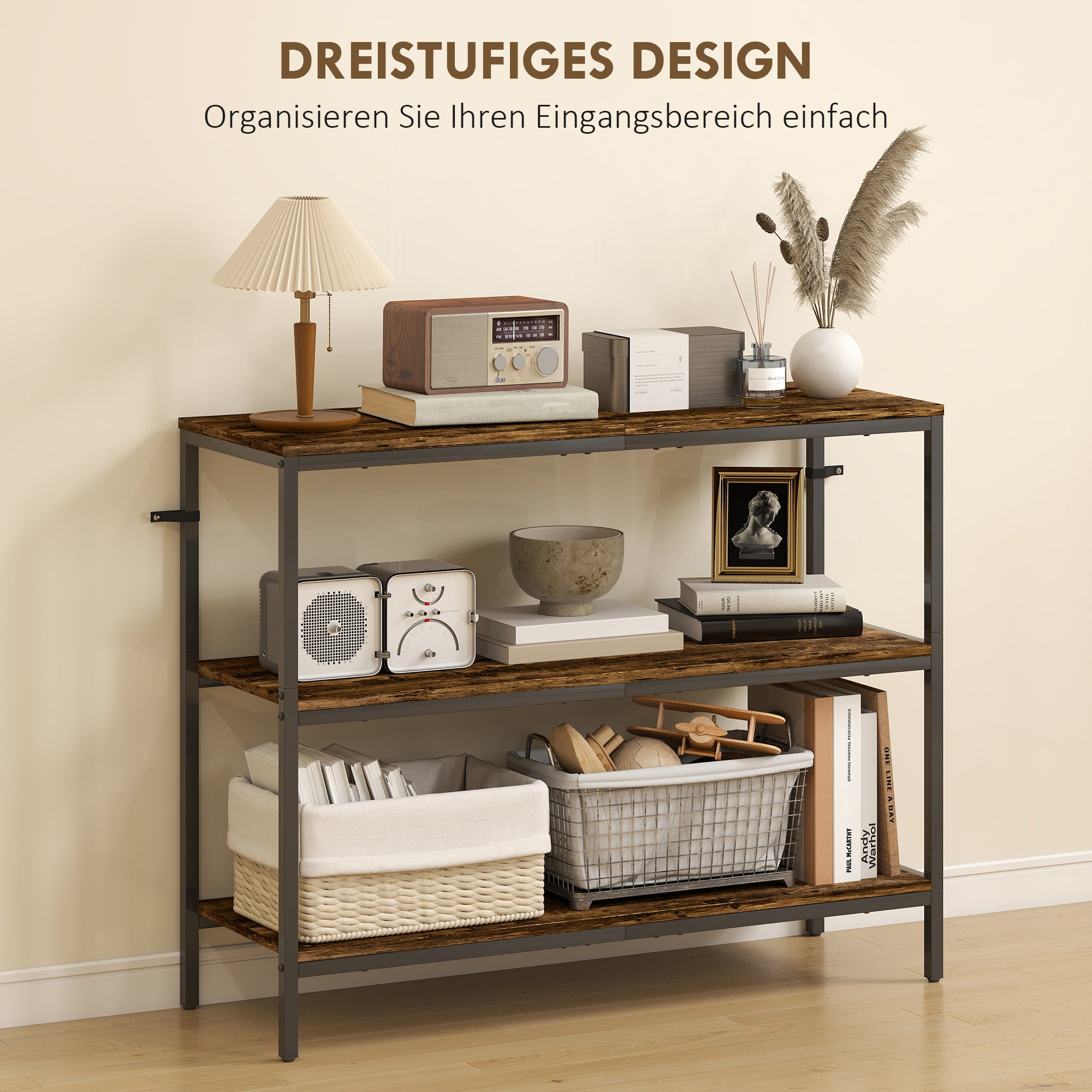 HOMCOM Konsolentisch, Beistelltisch mit 3-stufigem Regal, Spanplatte, Metall, Hellbraun