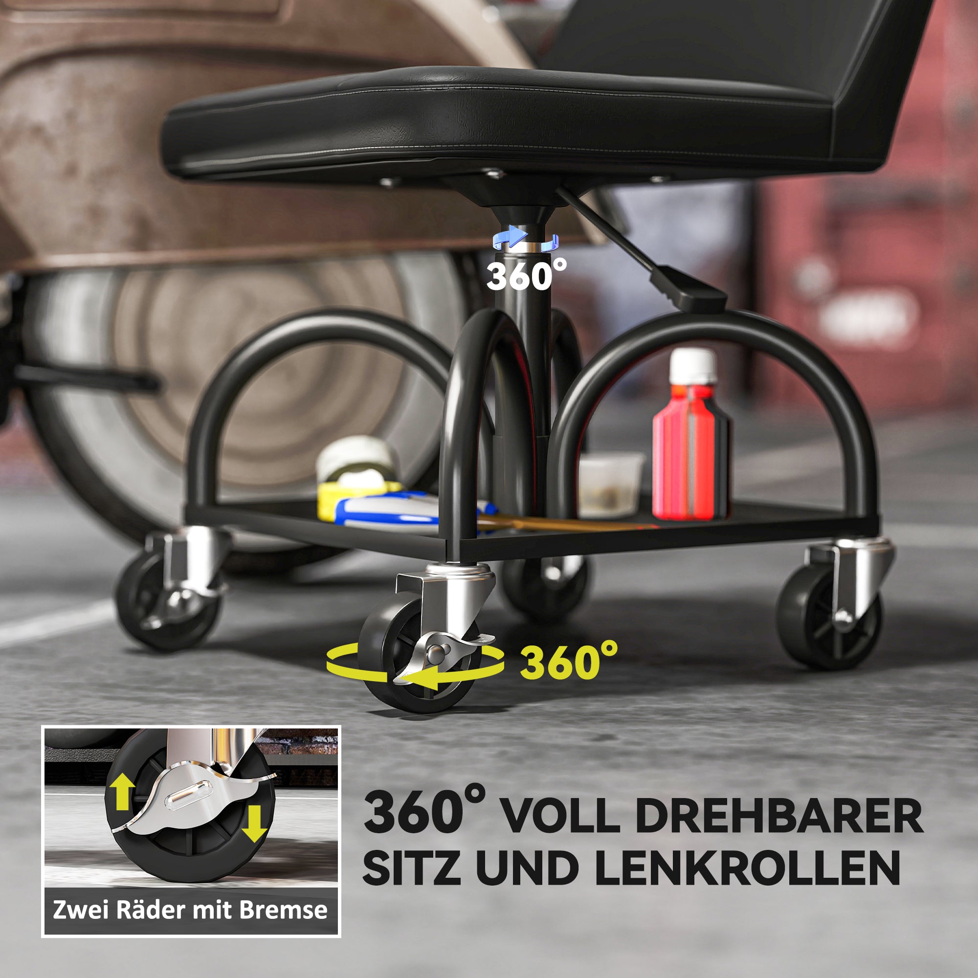 HOMCOM Werkstatthocker mit Rollen Ablagefläche, 58,5 cm hoch Rollhocker bis 135 kg belastbar Schwarz