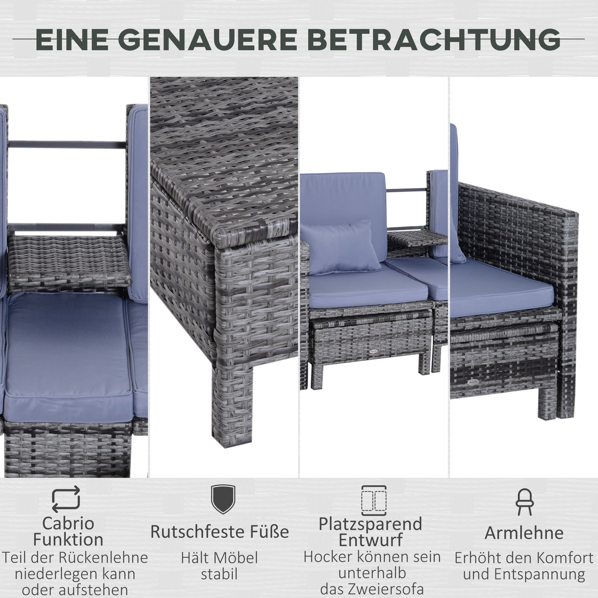 Outsunny Gartengarnitur, Sitzgruppe, 3-tlg., Outdoor-Sofa, 2 Hocker, 2-5 Personen, Sitzkissen, Rattanoptik, grau