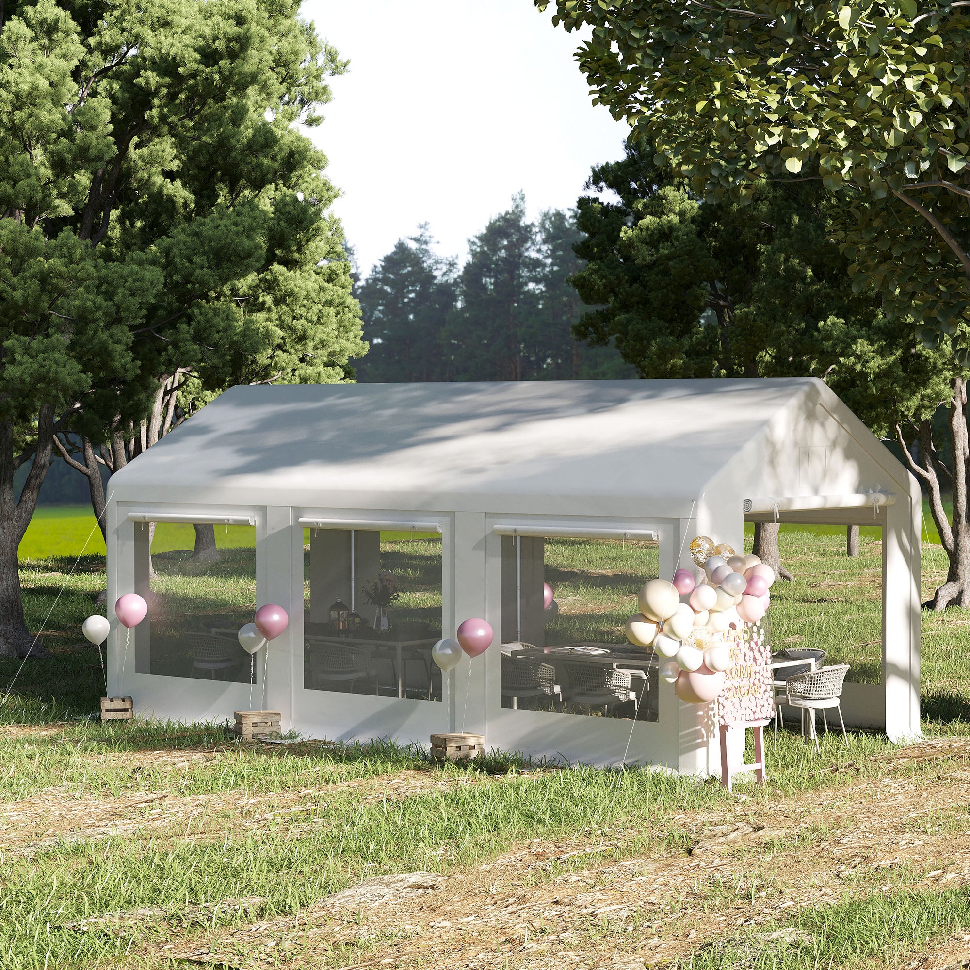 Outsunny Pavillon 6 x 3 m, Partypavillon, abnehmbare Seitenwände, mit aufrollbaren Türen + Fenstern, Weiß
