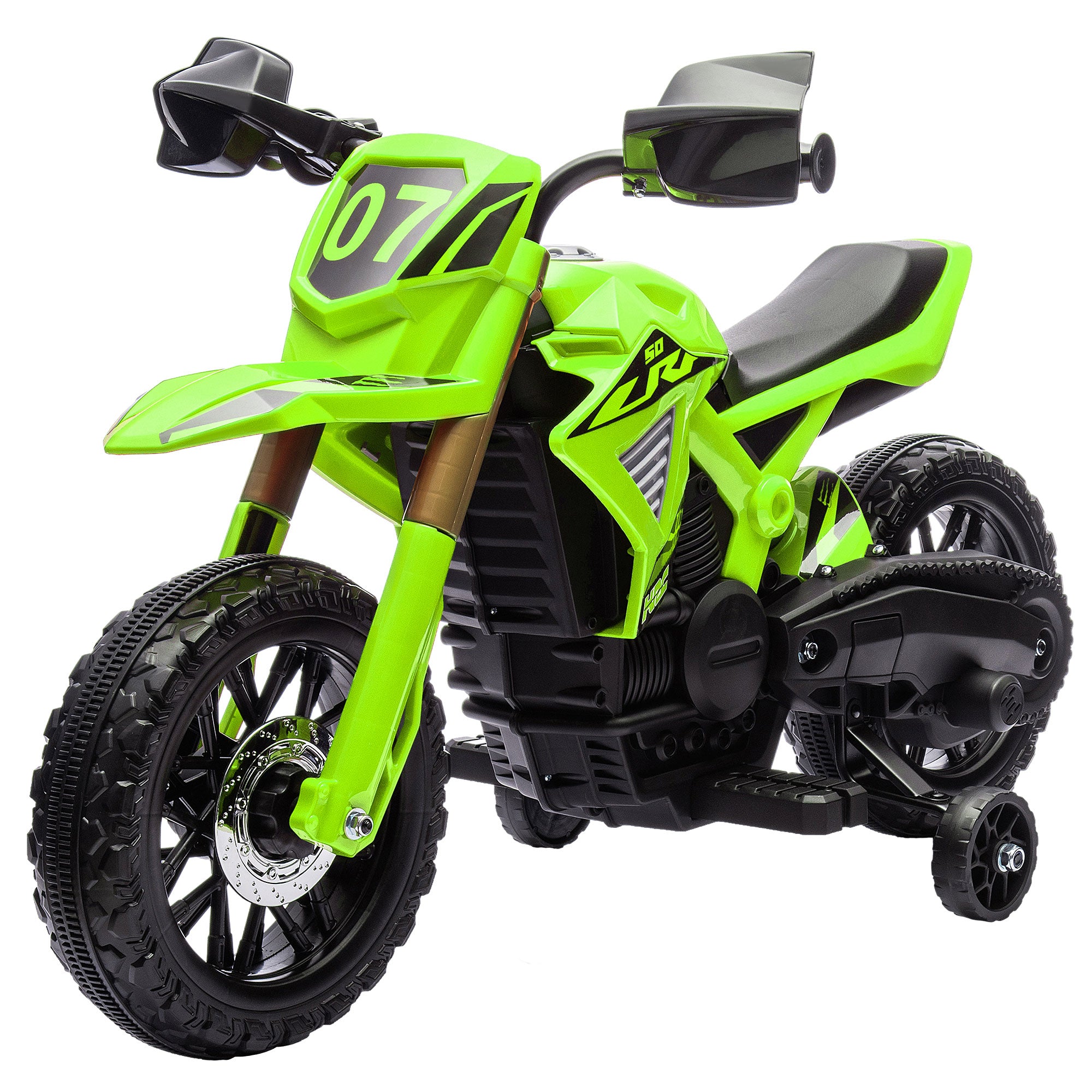 AIYAPLAY Elektro-Motorrad für Kinder, 6V Batterie-Antrieb, Stützräder, Hupe, Startgeräusch, 3-8 Jahre, Grün