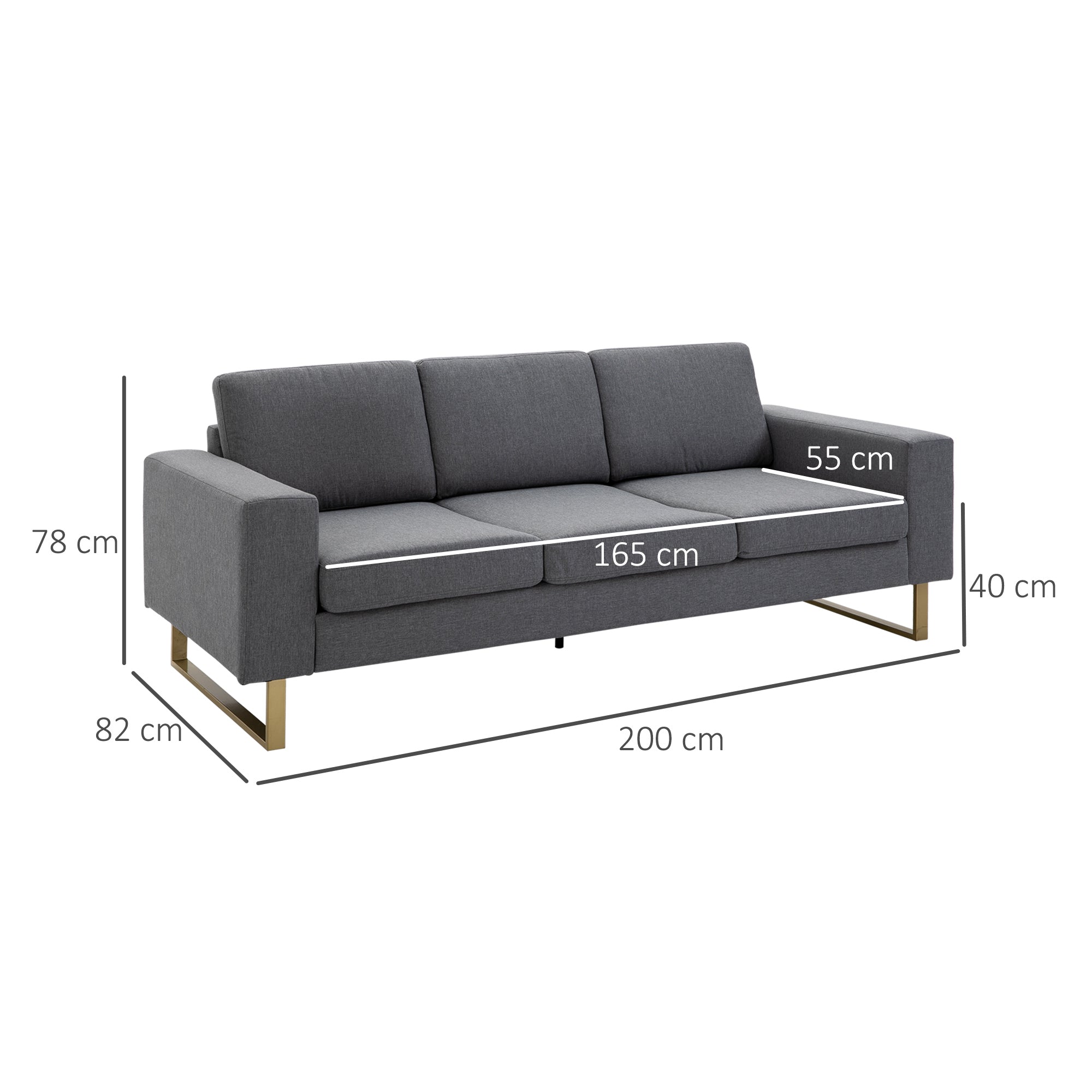 HOMCOM 3 Sitzer Sofa Dreisitzer Stoffsofa mit Kissen Armlehne Leinenoptik für Schlafzimmer 200 x 82 x 78 cm Dunkelgrau