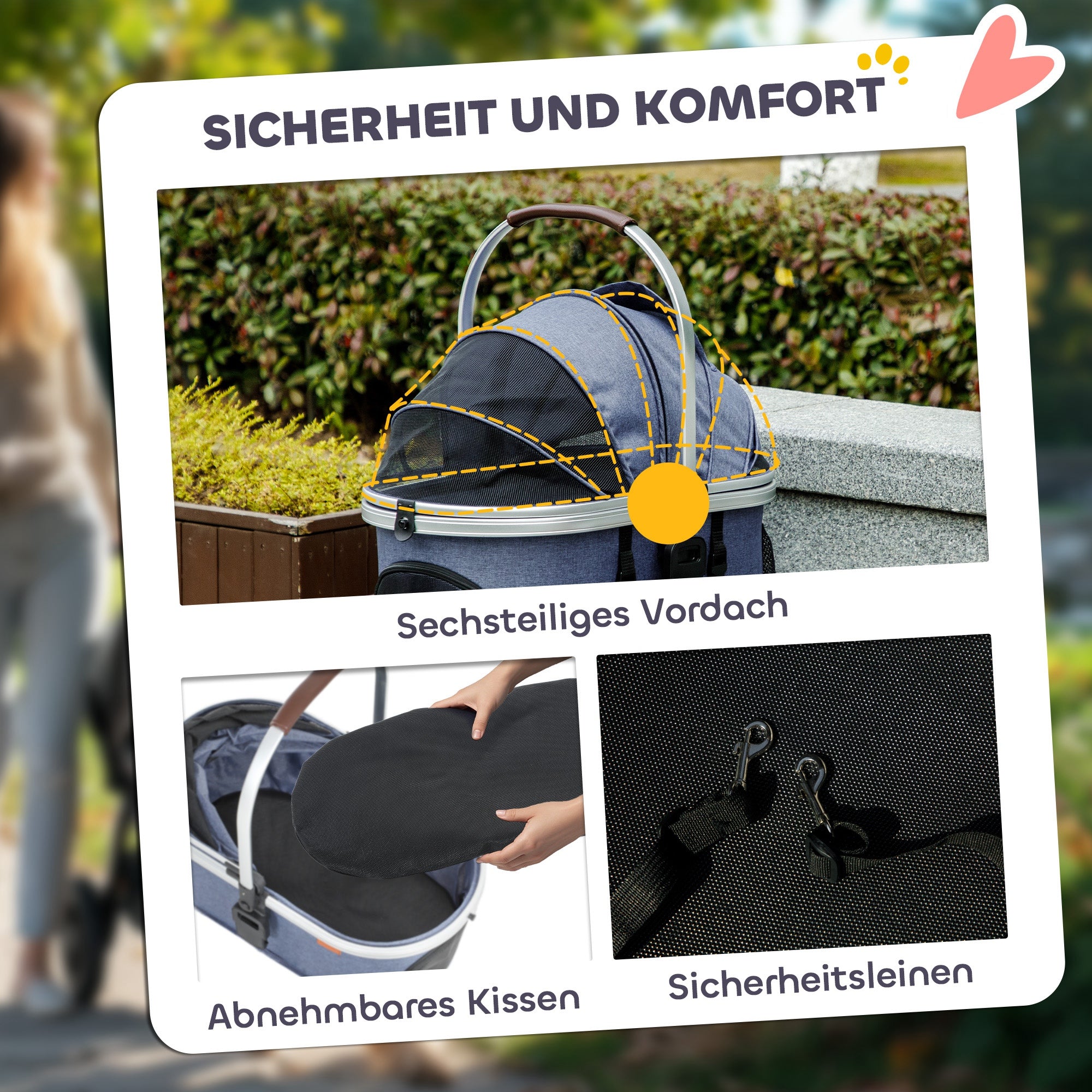 PawHut Hundewagen 3 in 1 Hundebuggy klappbar für Katzen bis 10 kg Katzenbuggy mit Kissen Becherhalter Dunkelblau