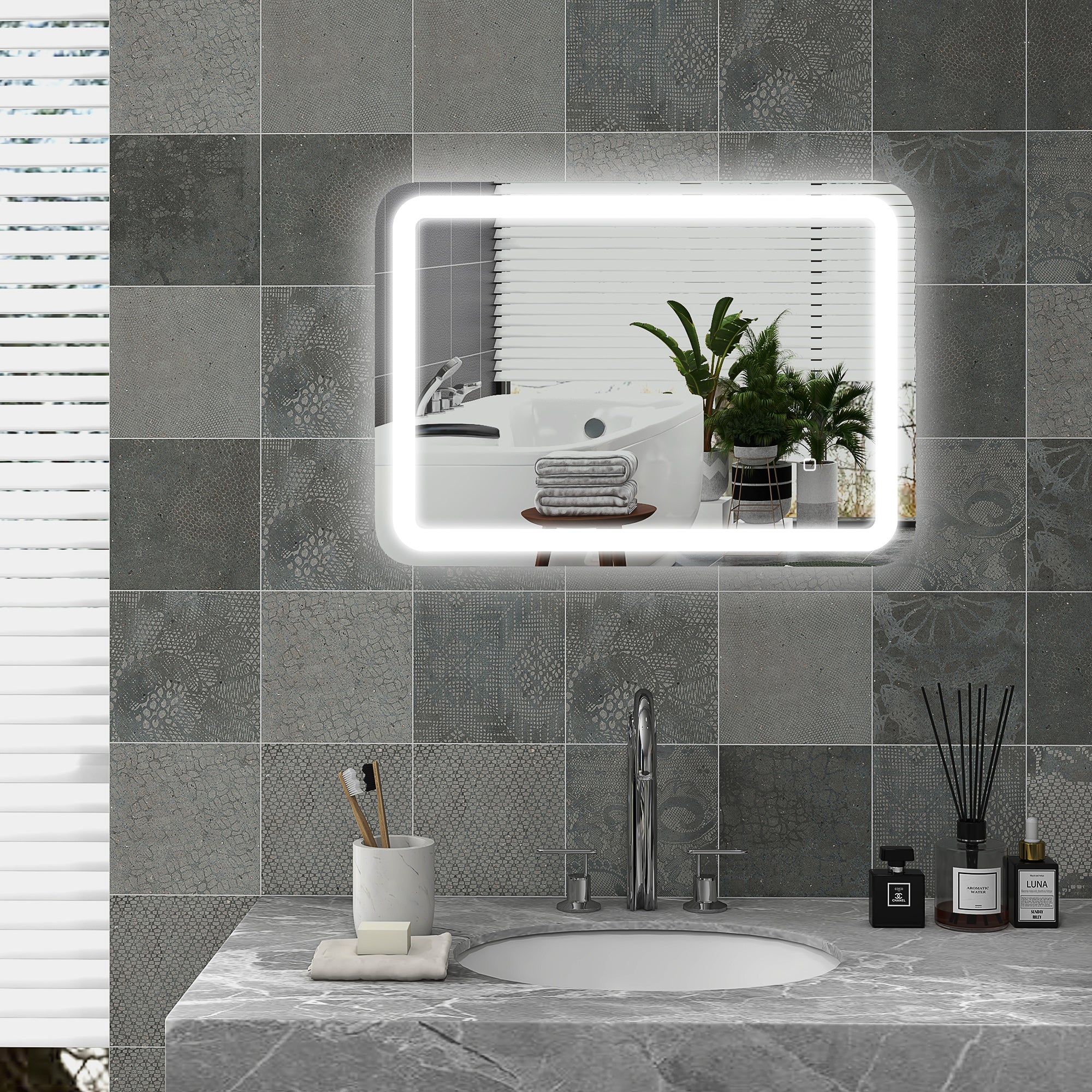 HOMCOM Badezimmerspiegel, beleuchtet, Touch-Steuerung, beschlagfrei, dimmbar, 3 Lichtfarben, 50x70, Silber