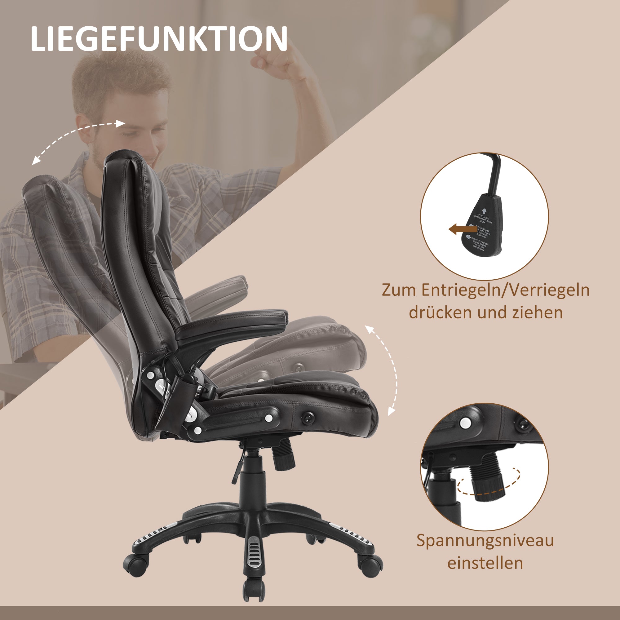 HOMCOM Massagesessel Bürosessel Bürostuhl Chefsessel Gamingsessel 6 Punkt Vibrations Massage mit Wärmefunktion Kunstleder Ledersessel drehbar (Braun)