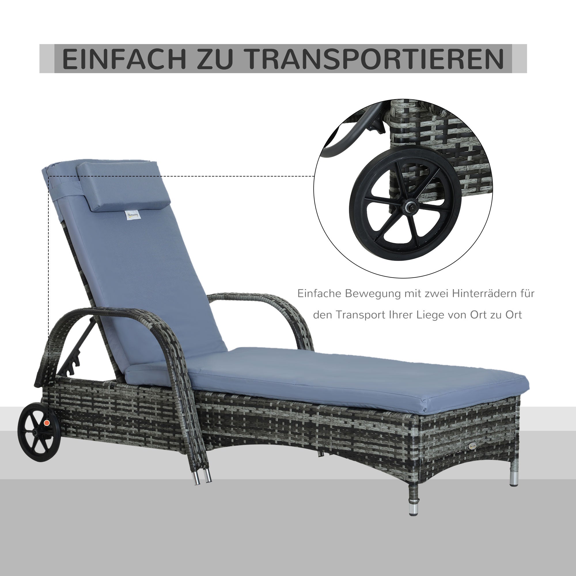 Outsunny Sonnenliege Polyrattan Gartenliege mit 5-Fach verstellbarer Rücklehne, Polsterauflage, Rollen, Kissen, 160 kg belastbar Relaxliege Liegestuhl für Garten, 200x73x30-103cm, Grau