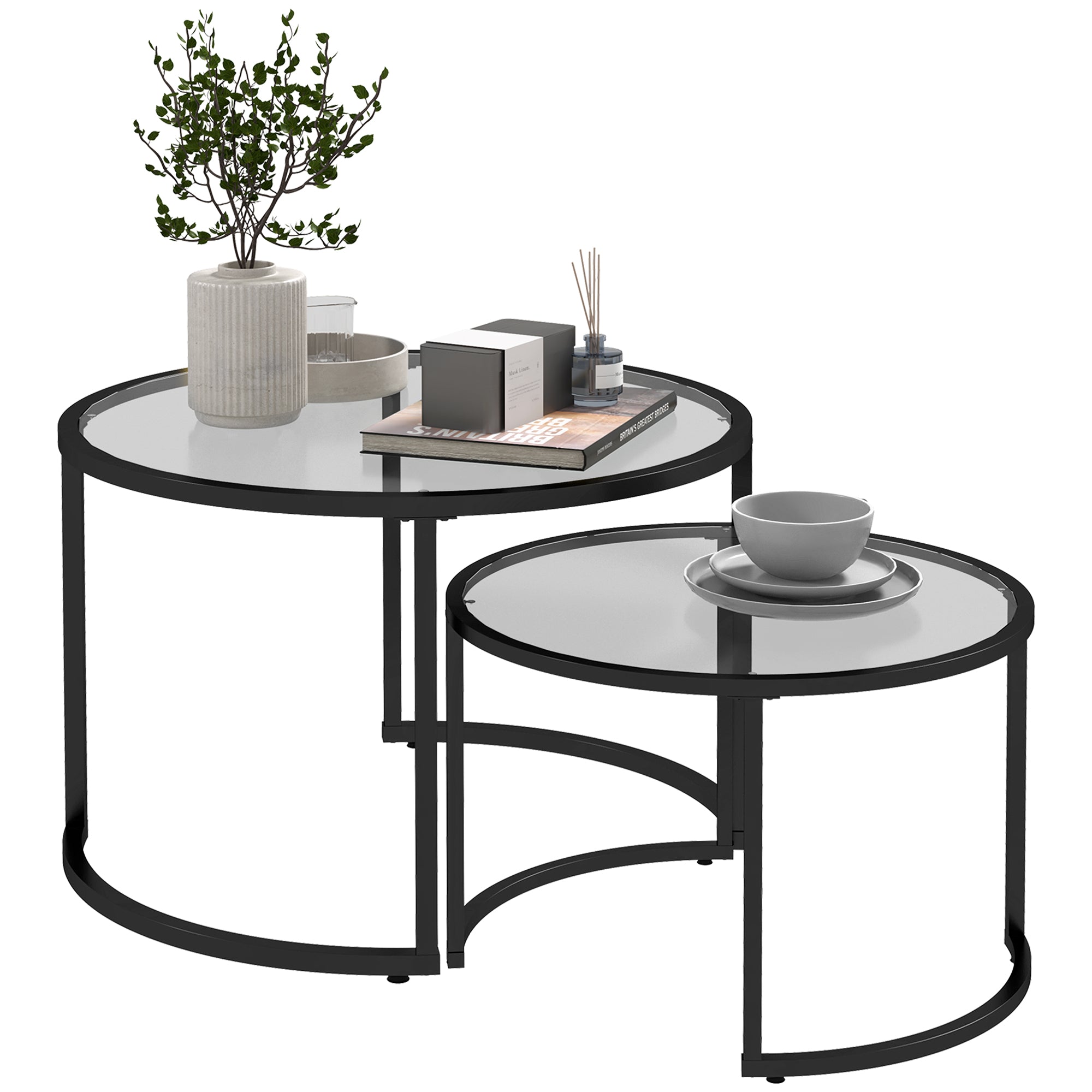 HOMCOM 2er-Set Beistelltische Couchtische Industrie-Design, Glastische, stapelbar, Schwarz + Transparent