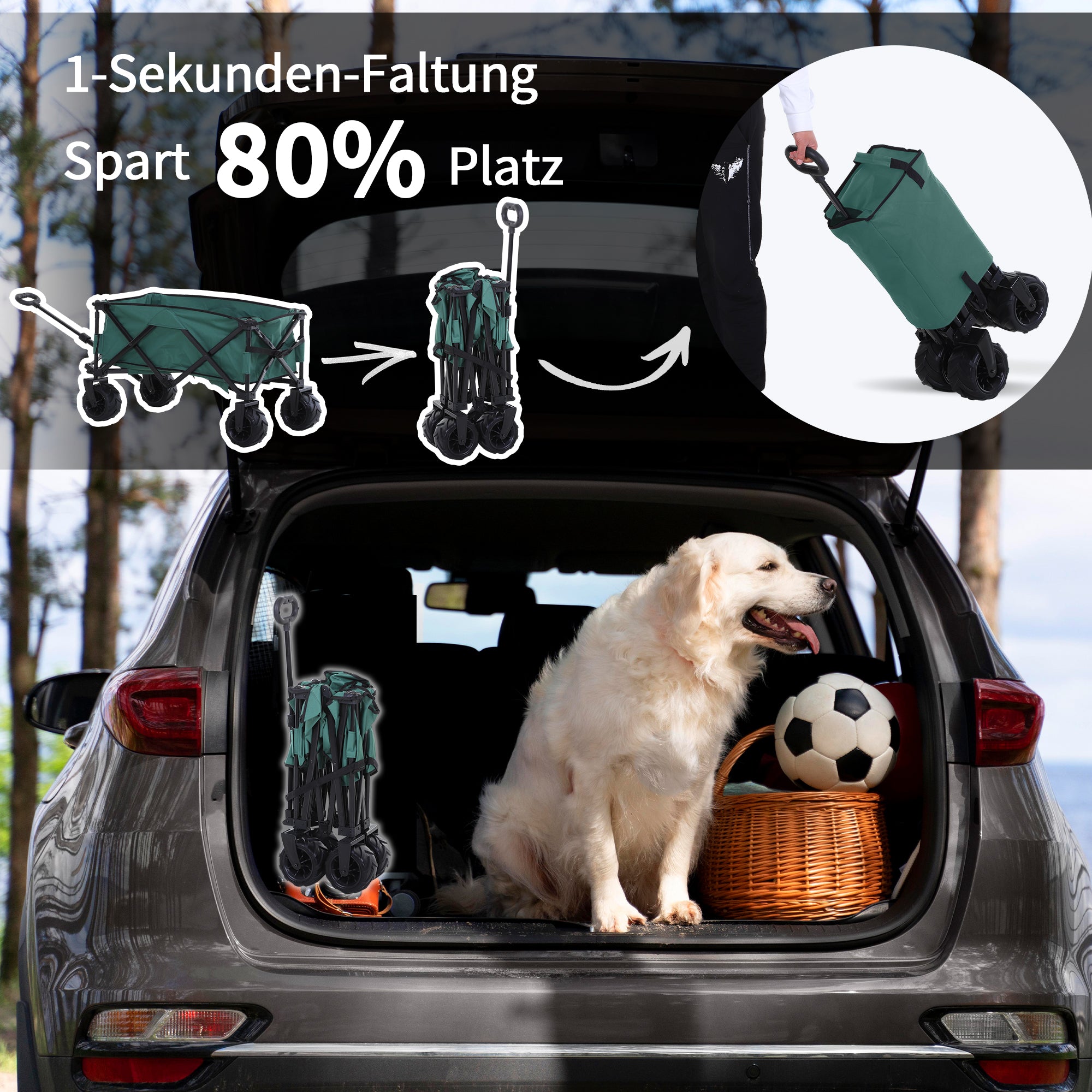 Outsunny Bollerwagen Faltbarer Handwagen 360° Gartenwagen Transportwagen mit Teleskop Griff Verstellbarer Griffhöhe Strandwagen bis 70 kg Tragkraft Metall Oxford Grün 108 x 55 x 59-89 cm
