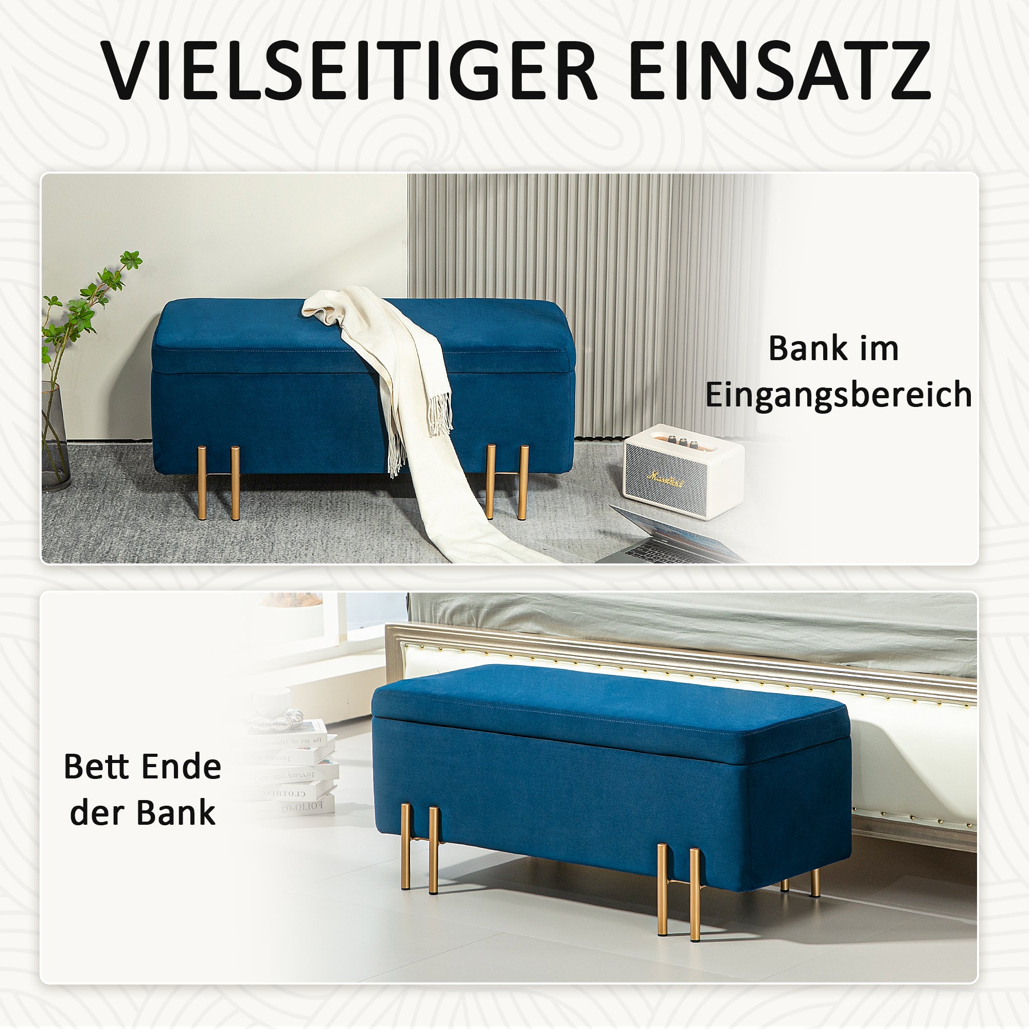 HOMCOM Sitzbank, Polsterbank mit Stauraum, Metall, Kautschukholz, Schaumstoff, 100 x 40 x 42 cm, Dunkelblau