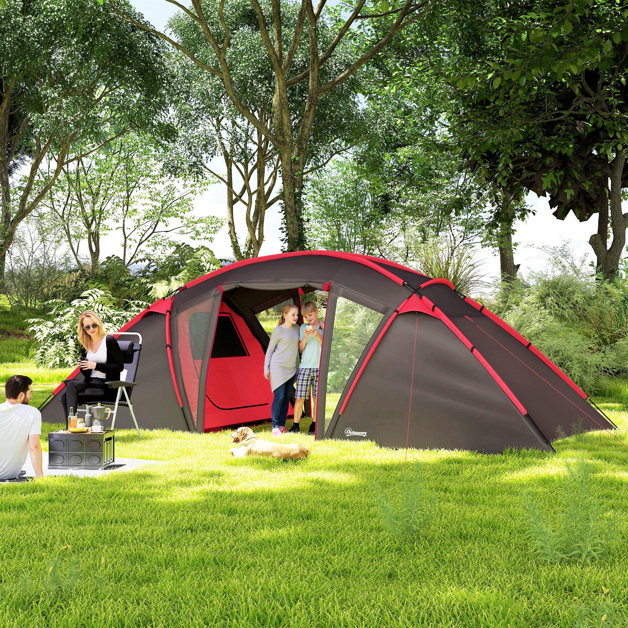 Outsunny Tunnelzelt, Campingzelt für 4-6 Personen, mit 3 Räumen, Lichthaken Doppeltüren Grau