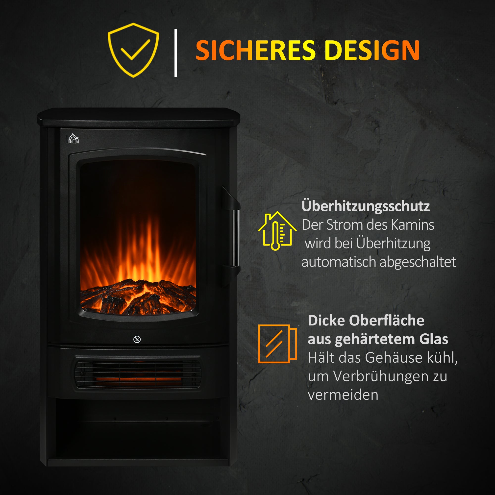 HOMCOM Elektrokamin, realistische Flammen, 2 Heizstufen, Überhitzungsschutz, Stahl, Schwarz, 44,5 x 32 x 74cm