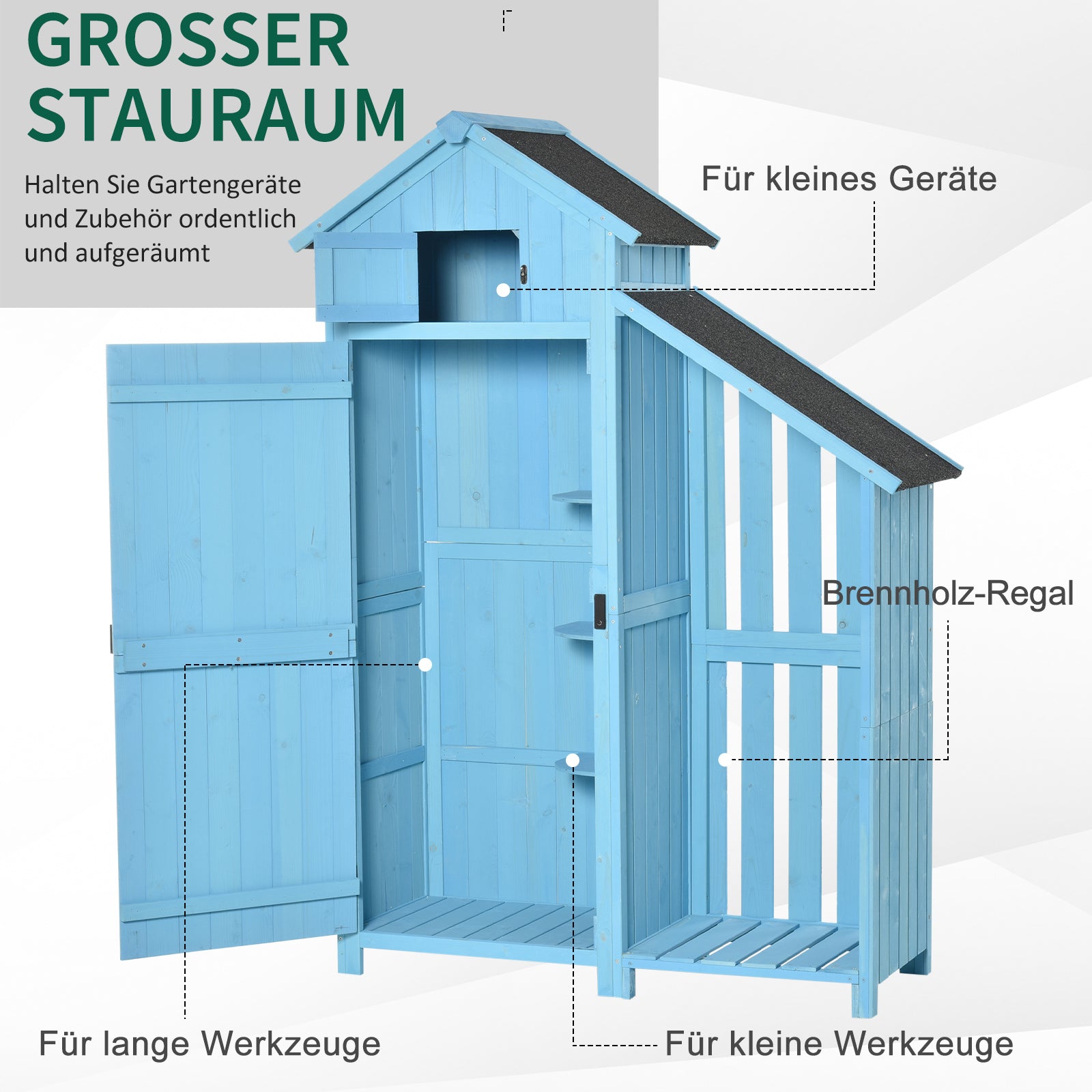 Outsunny Gartenhaus Gerätehaus Geräteschuppen mit Brennholzlagerraum Geräteschuppen mit 3 Ablagen Asphaltdach Tannenholz Himmelblau 130 x 54,5 x 180 cm