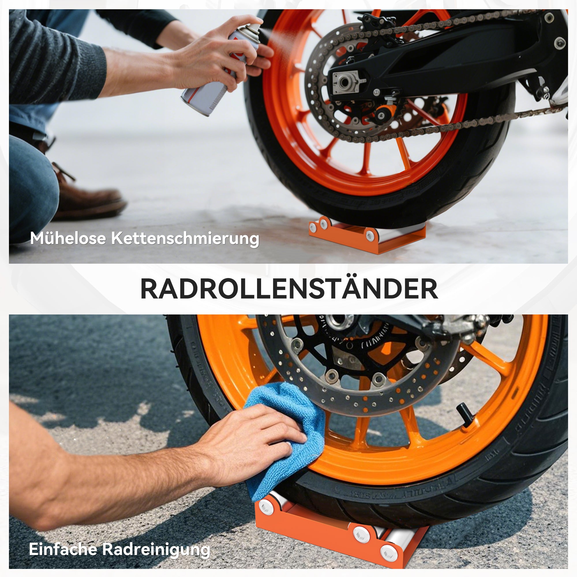 HOMCOM Motorrad Reinigungsständer Rollenständer Rad Drehhilfe Fahrrad <485 lb & Reifenbreite <180 mm Orange