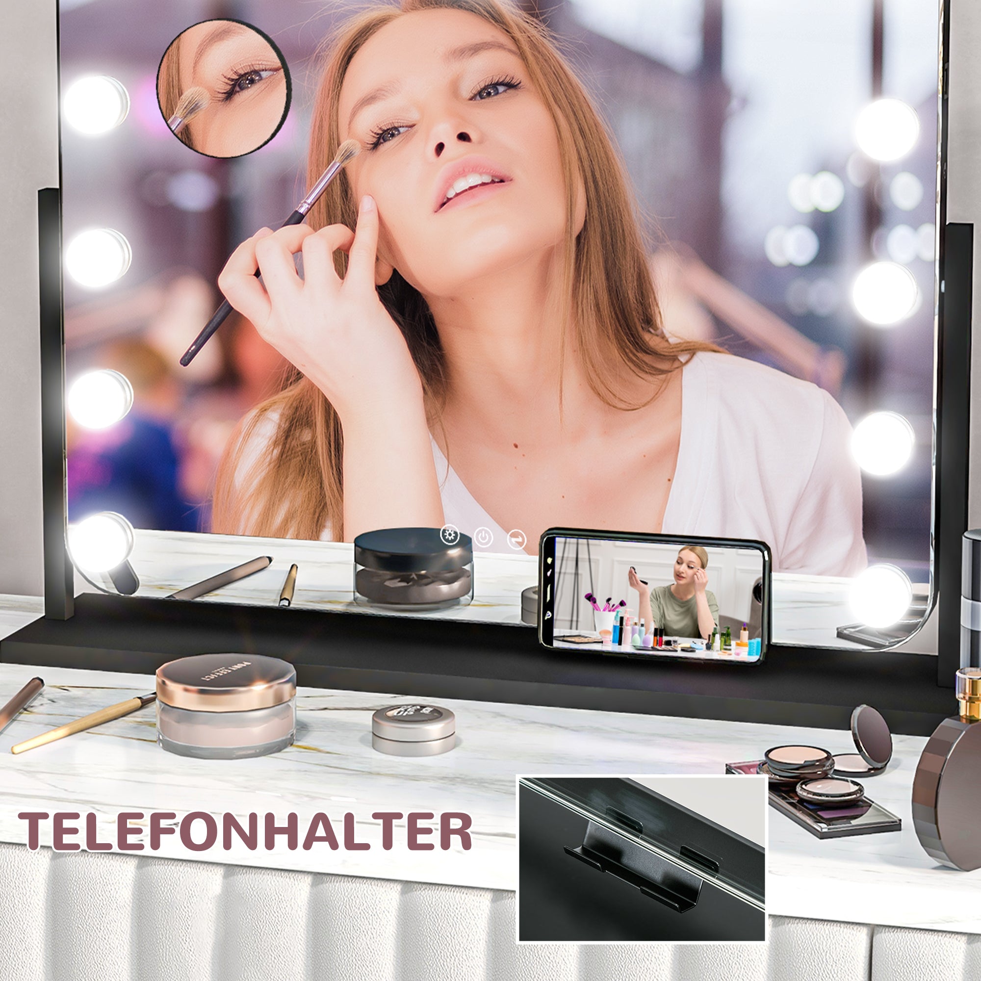 HOMCOM LED Kosmetikspiegel, 3 Lichtmodi, dimmbar, Touchsteuerung, USB, 62,5x49,5cm, Schwarz