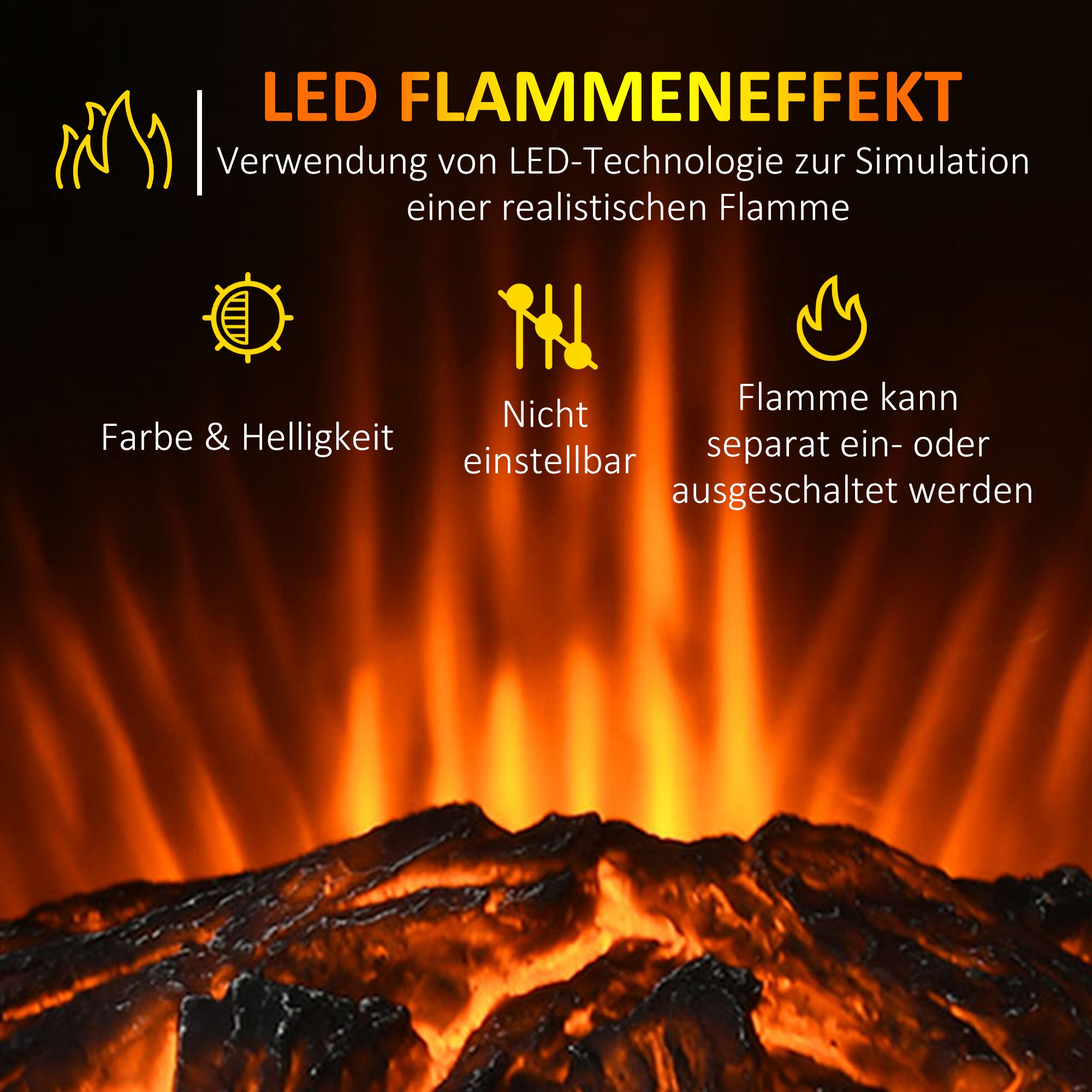 HOMCOM Elektrokamin, realistische Flammen, 2 Heizstufen, Überhitzungsschutz, Stahl, Schwarz, 44,5 x 32 x 74cm