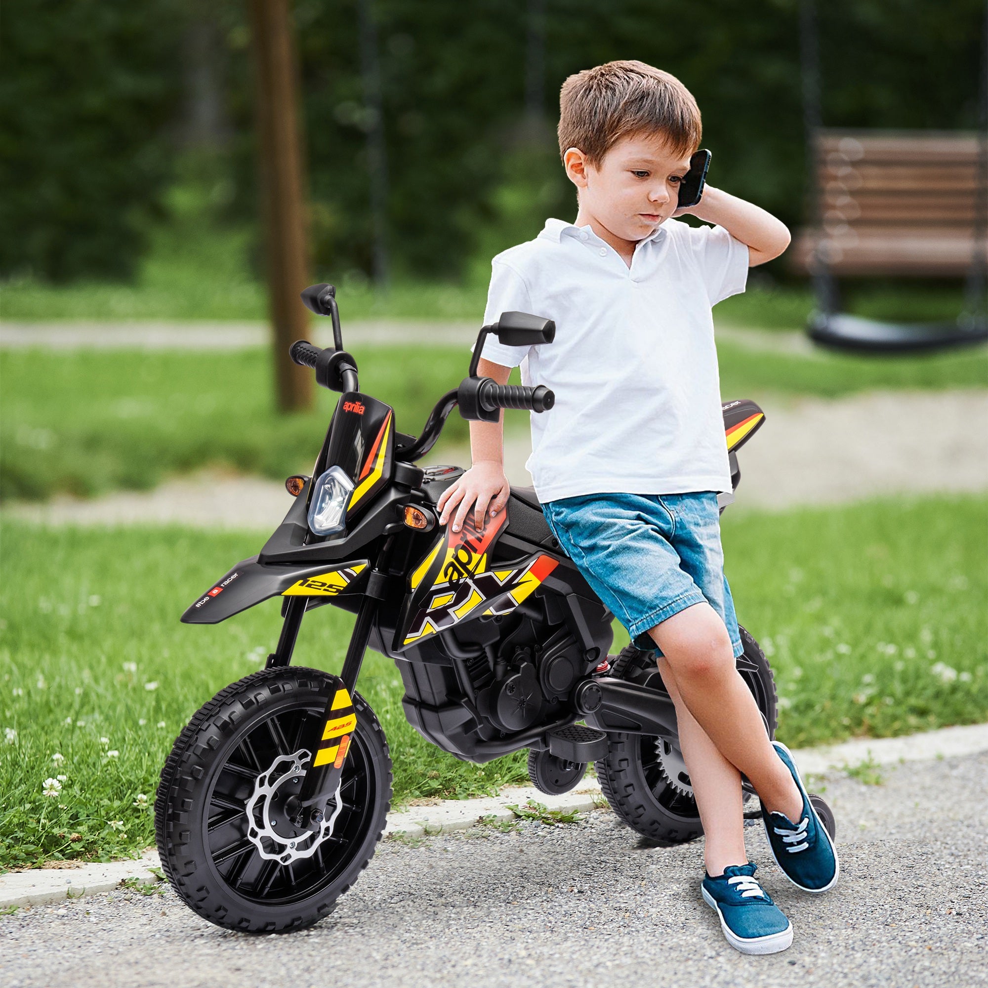 AIYAPLAY 12V Kinder-Motorrad mit Stützrädern, LED-Lichtern, Musik, USB, Elektro-Motorrad für Jungen und Mädchen, Gelb