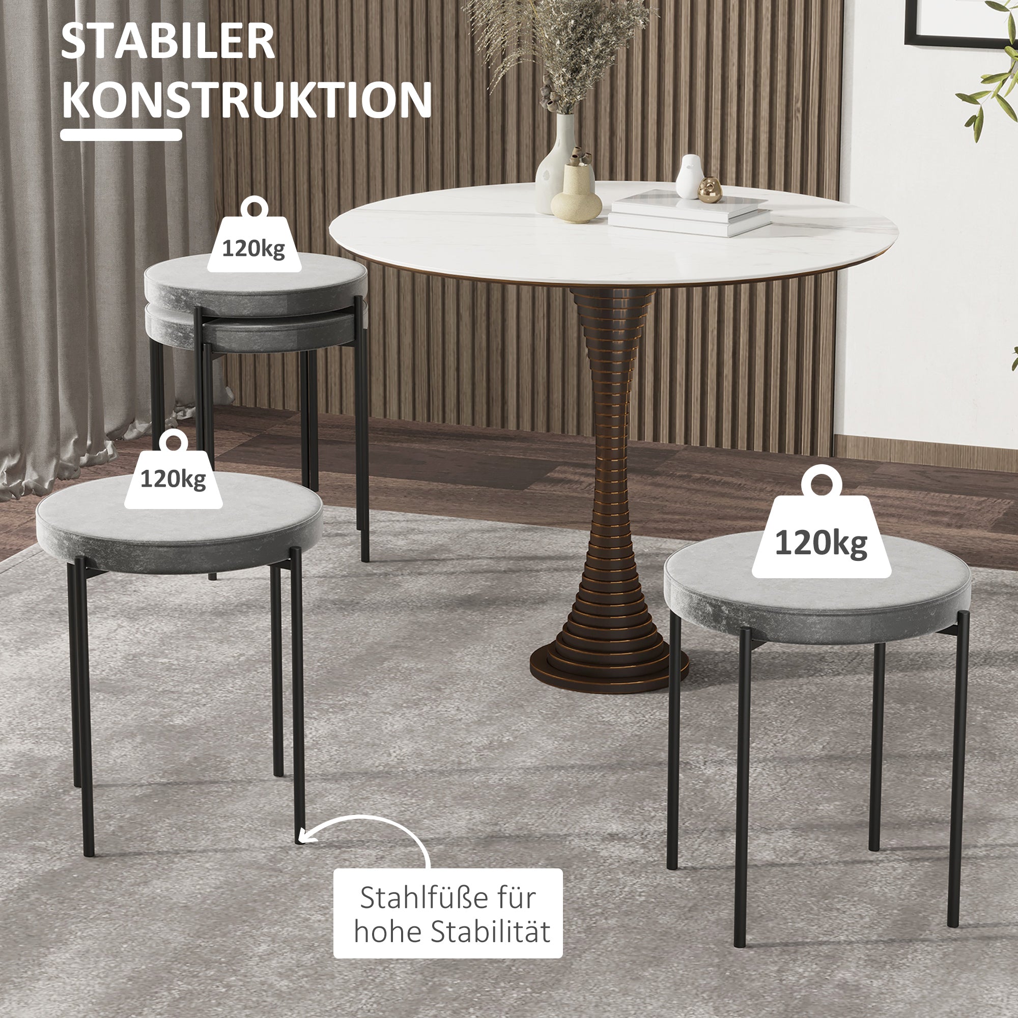 HOMCOM 4er-Set Esszimmerhocker Stapelbar Esszimmerstühle Küchenstuhl mit gepolstertem Sitz, Samtoptik Sitzhocker Samt für Küche Esszimmer Metall Grau 41,5 x 41,5 x 46 cm