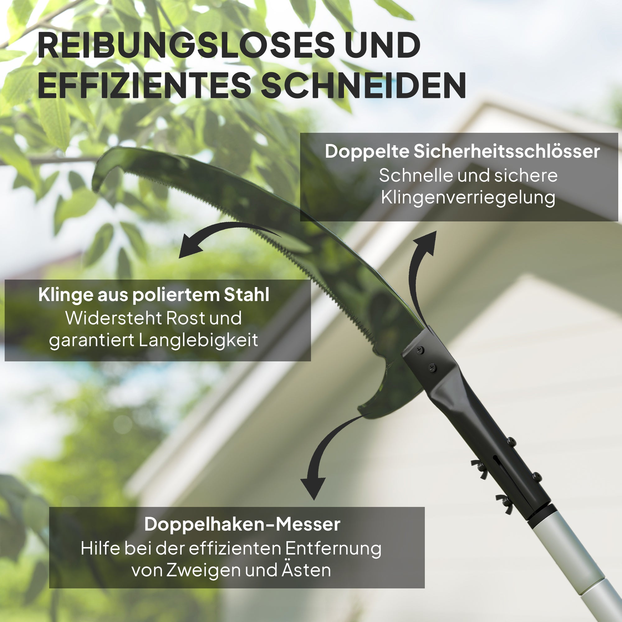 Outsunny Teleskop Astsäge 1,5–2,6m Baumschere mit Feststellvorrichtung, Teleskop-Griff Antihaftbeschichtet Klinge Schwarz