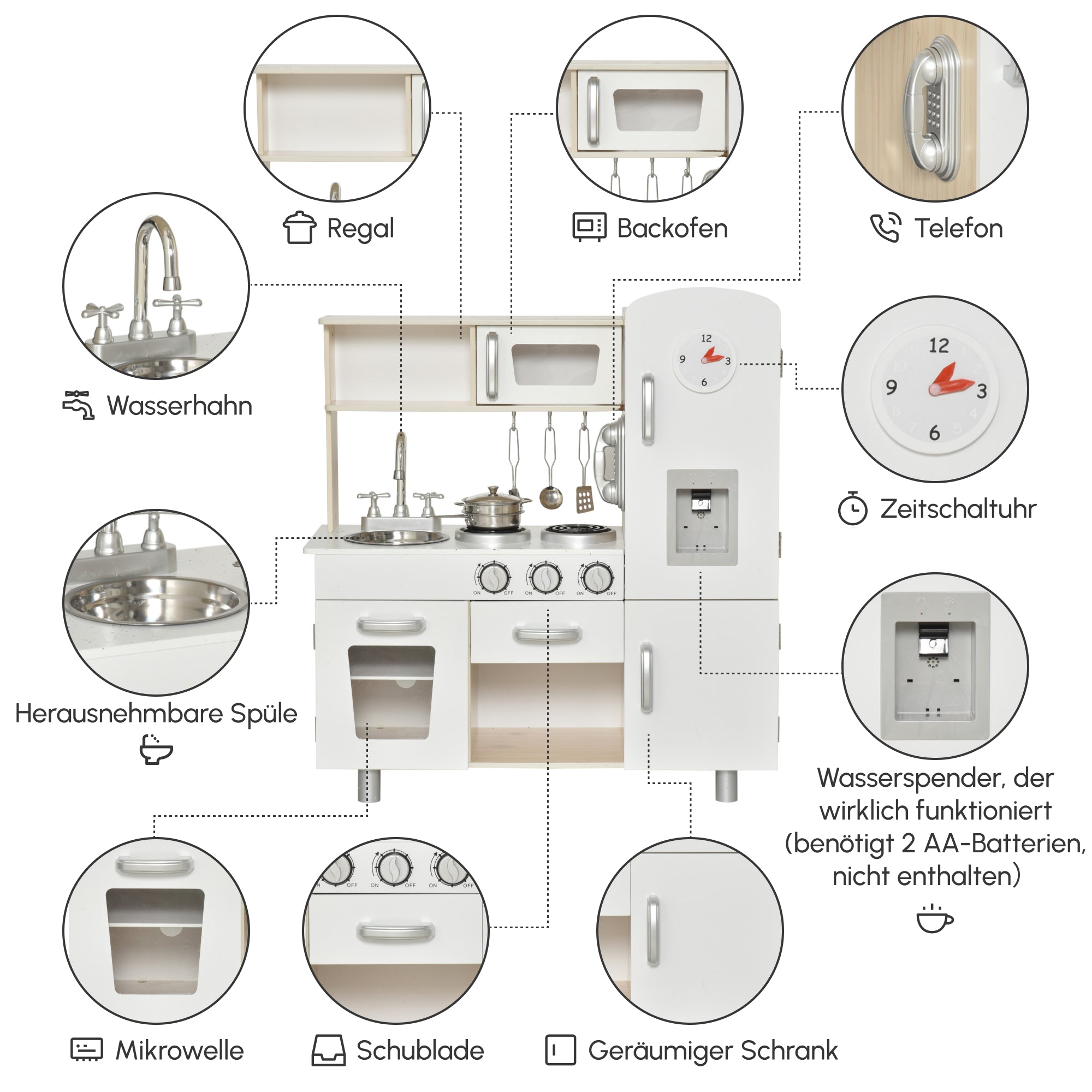 HOMCOM Kinderküche mit Zubehör, Traumküche, Spielküche, Spielzeugküche für Kinder ab 3 Jahren, Kiefer, MDF, Weiß, 74 x 30 x 81 cm