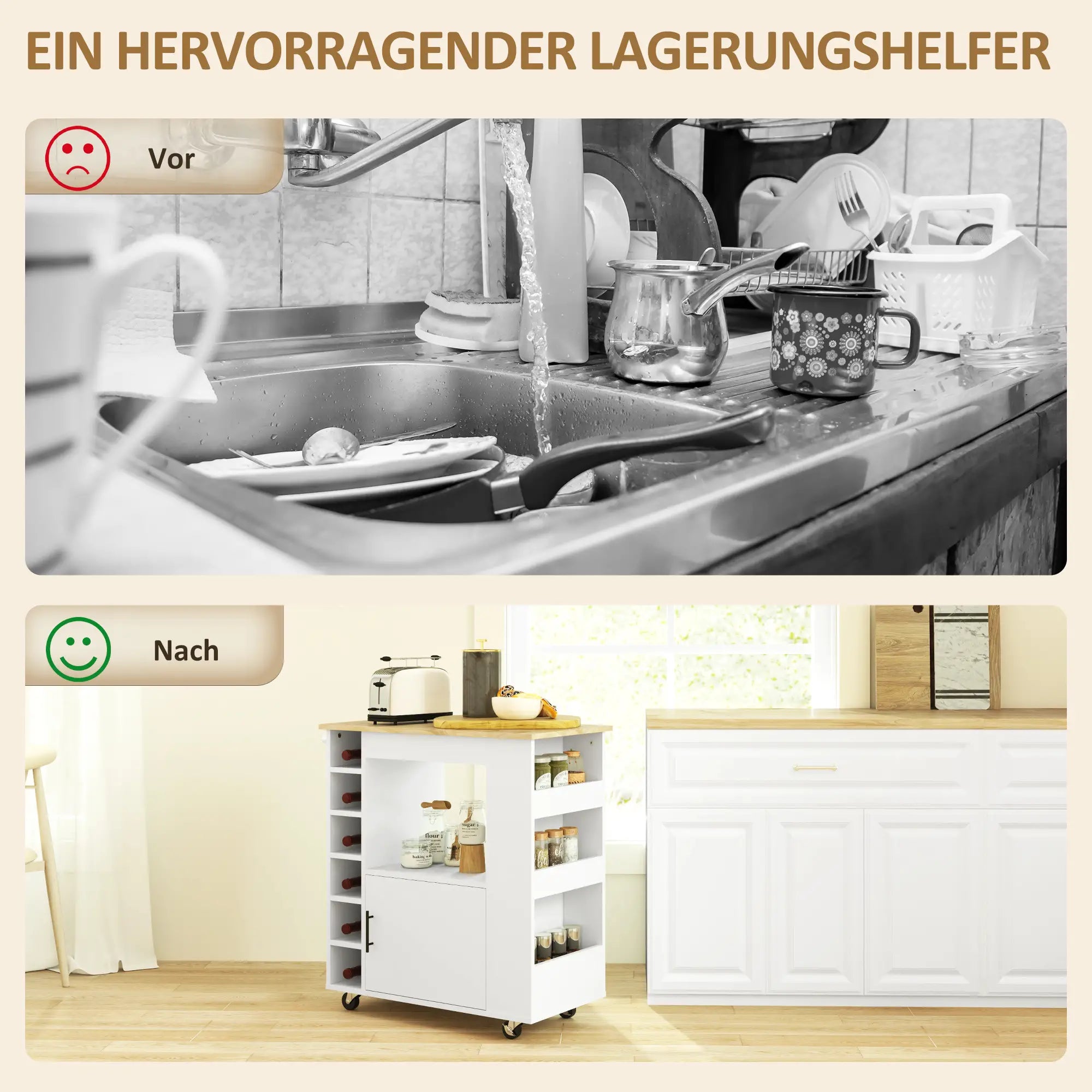 HOMCOM Küchenwagen, Rollbare Kücheninsel, Küchen-Trolley mit Fächern, Weinregalen, Schrank und Arbeitsfläche, Weiß