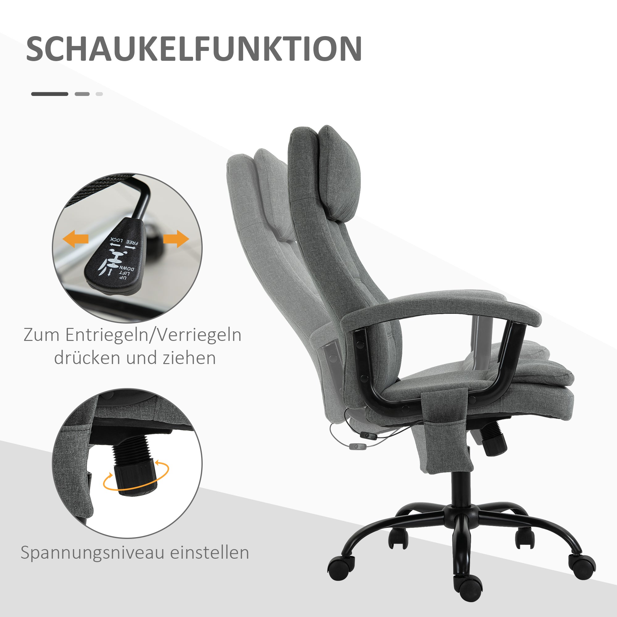 Vinsetto Bürostuhl Massage höhenverstellbarer Chefsessel Gamingstuhl mit Massagefunktion, ergonomischer Drehstuhl Massage Sessel Lendenwirbelsäulenmassage Leinen-Gefühl Grau 63 x 70 x 112-121 cm